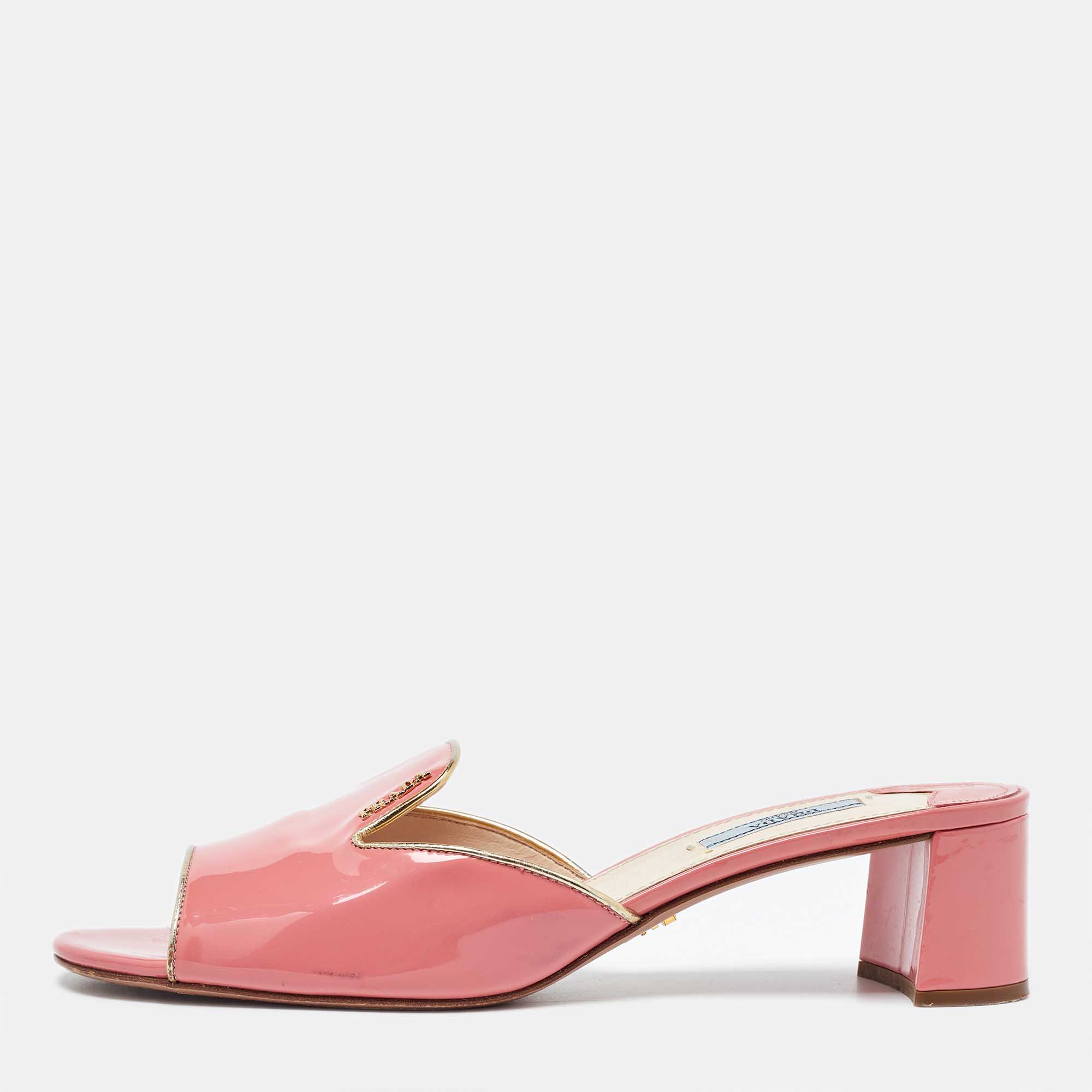 Prada pink patent leather block heel open toe slide sandals size 41