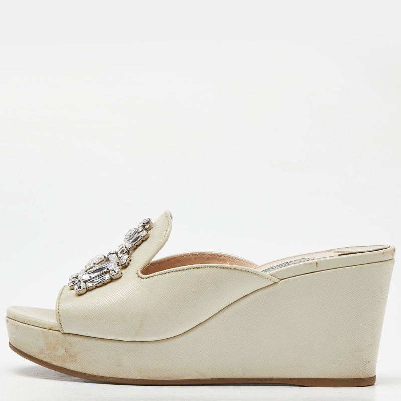 Prada cream saffiano patent leather crystal embellished platform wedge sandals size 38