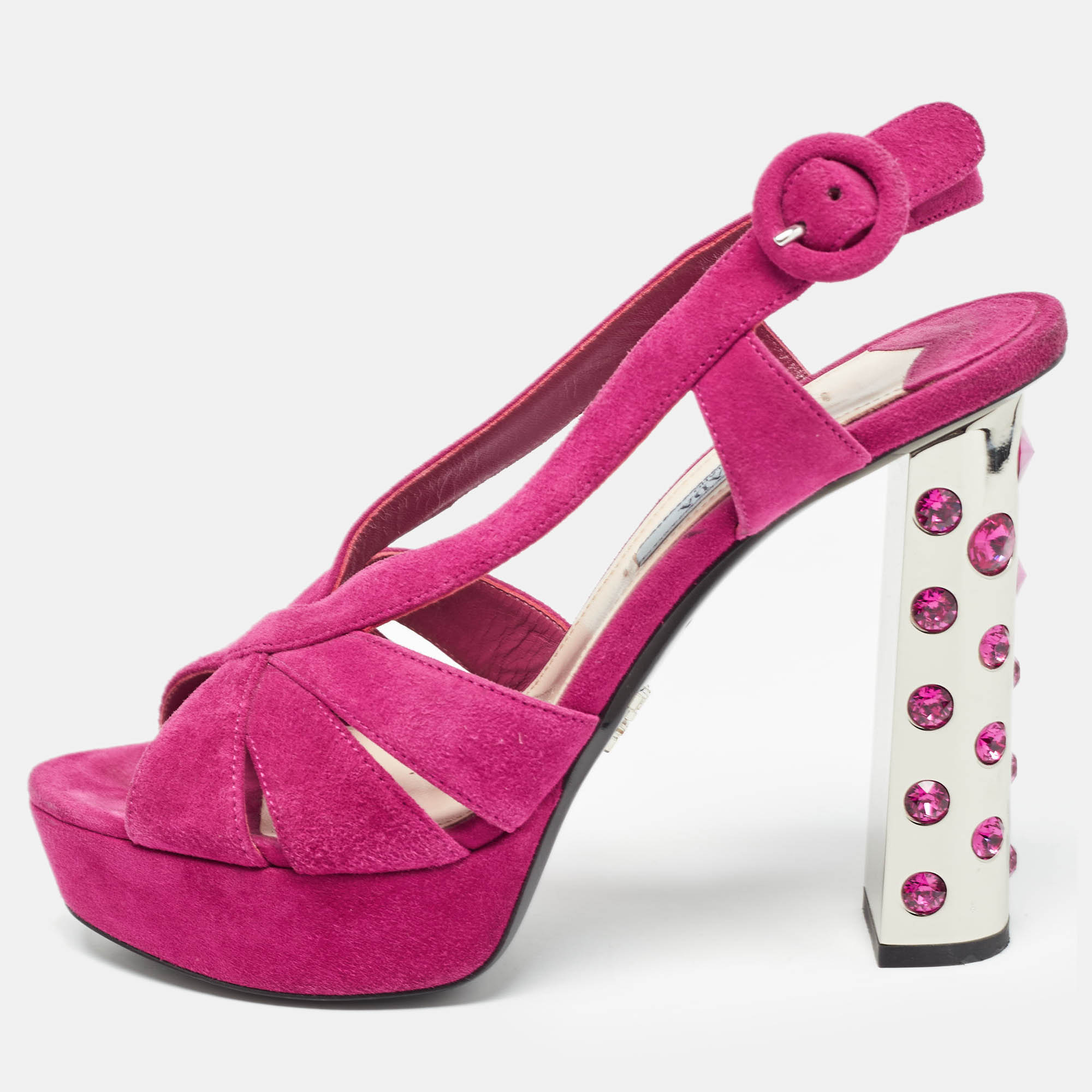 Prada fuchsia suede crystal embellished platform sandals size 36.5