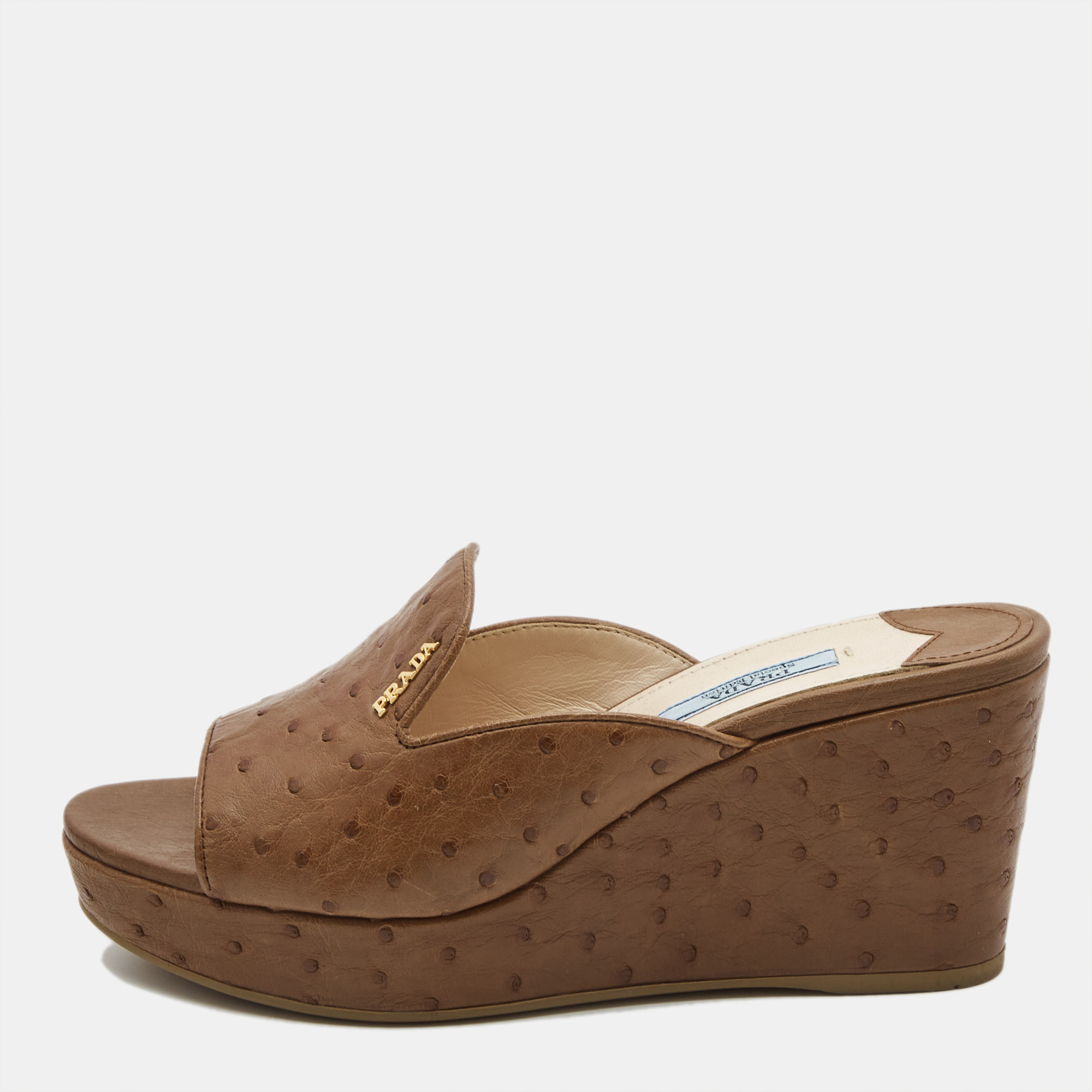Prada brown ostrich leather wedge platform open toe slide sandals size 37.5
