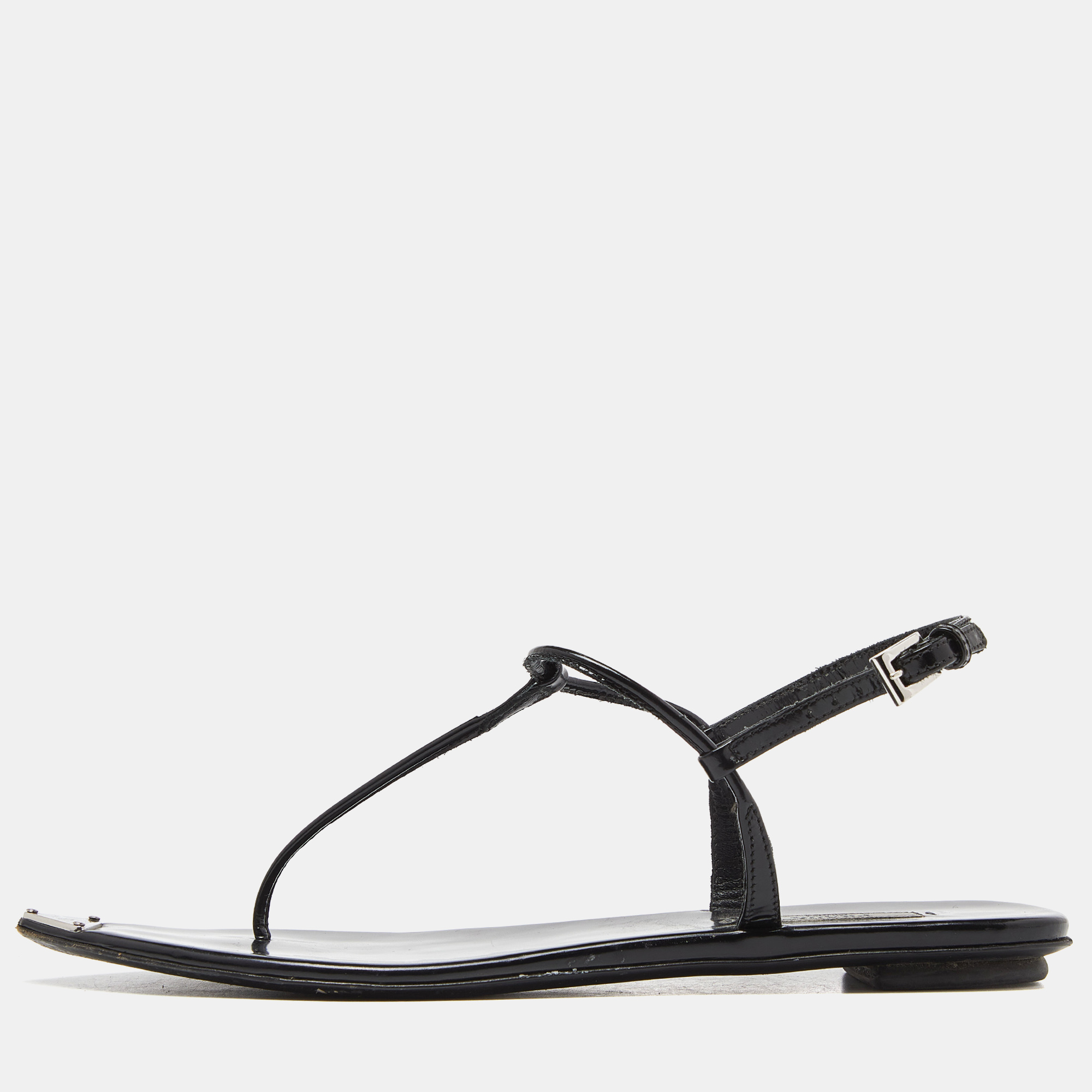 Prada black patent leather thong ankle strap flats size 38