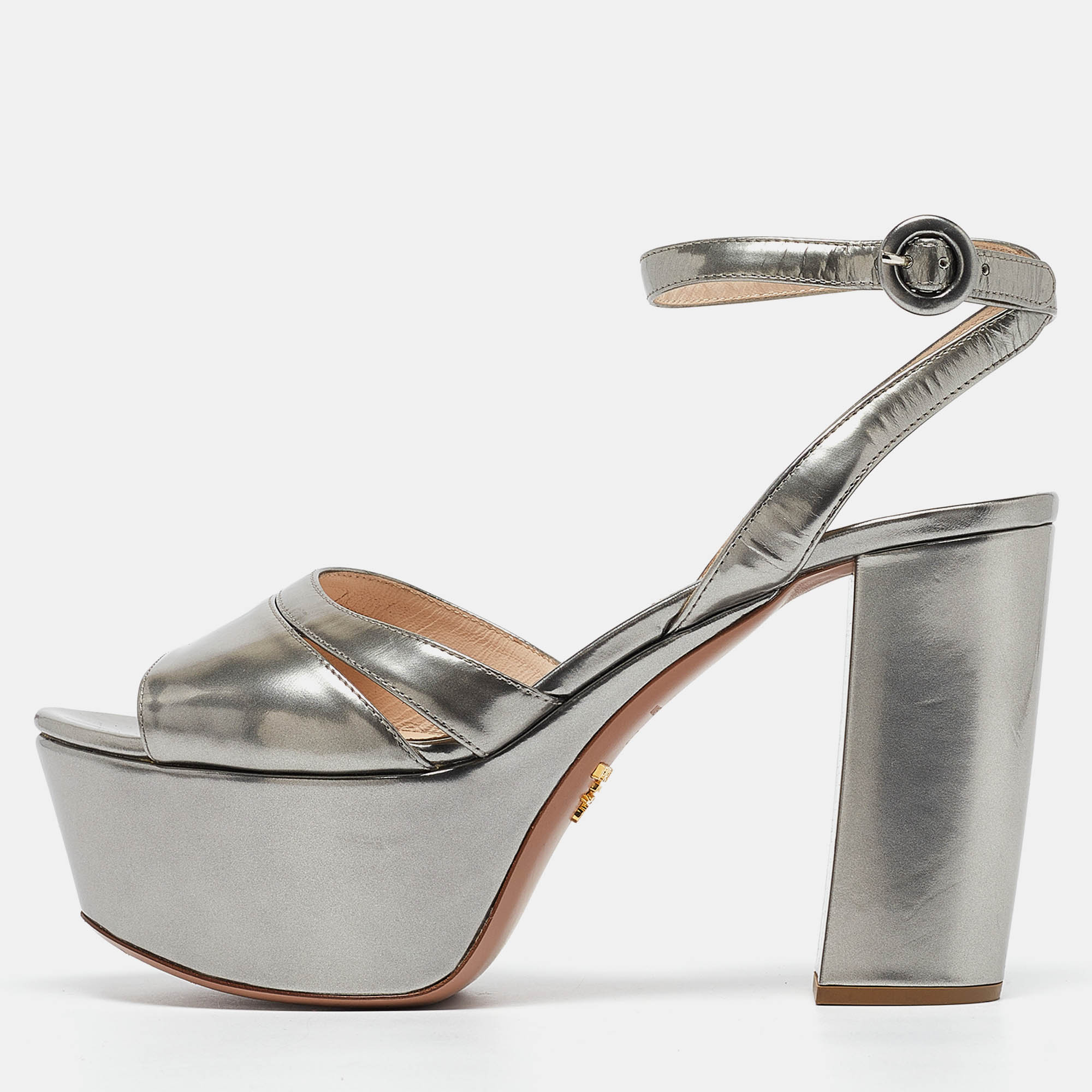 Prada silver patent leather ankle strap platform sandals size 39