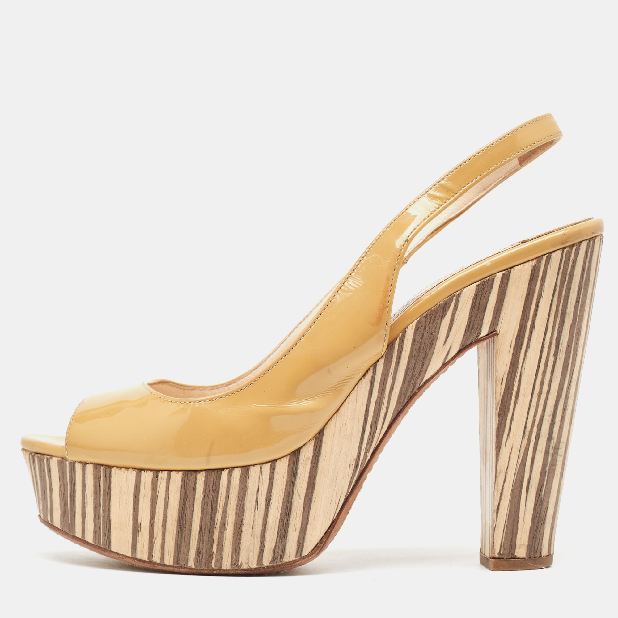 Prada beige patent leather open toe platform slingback sandals size 37