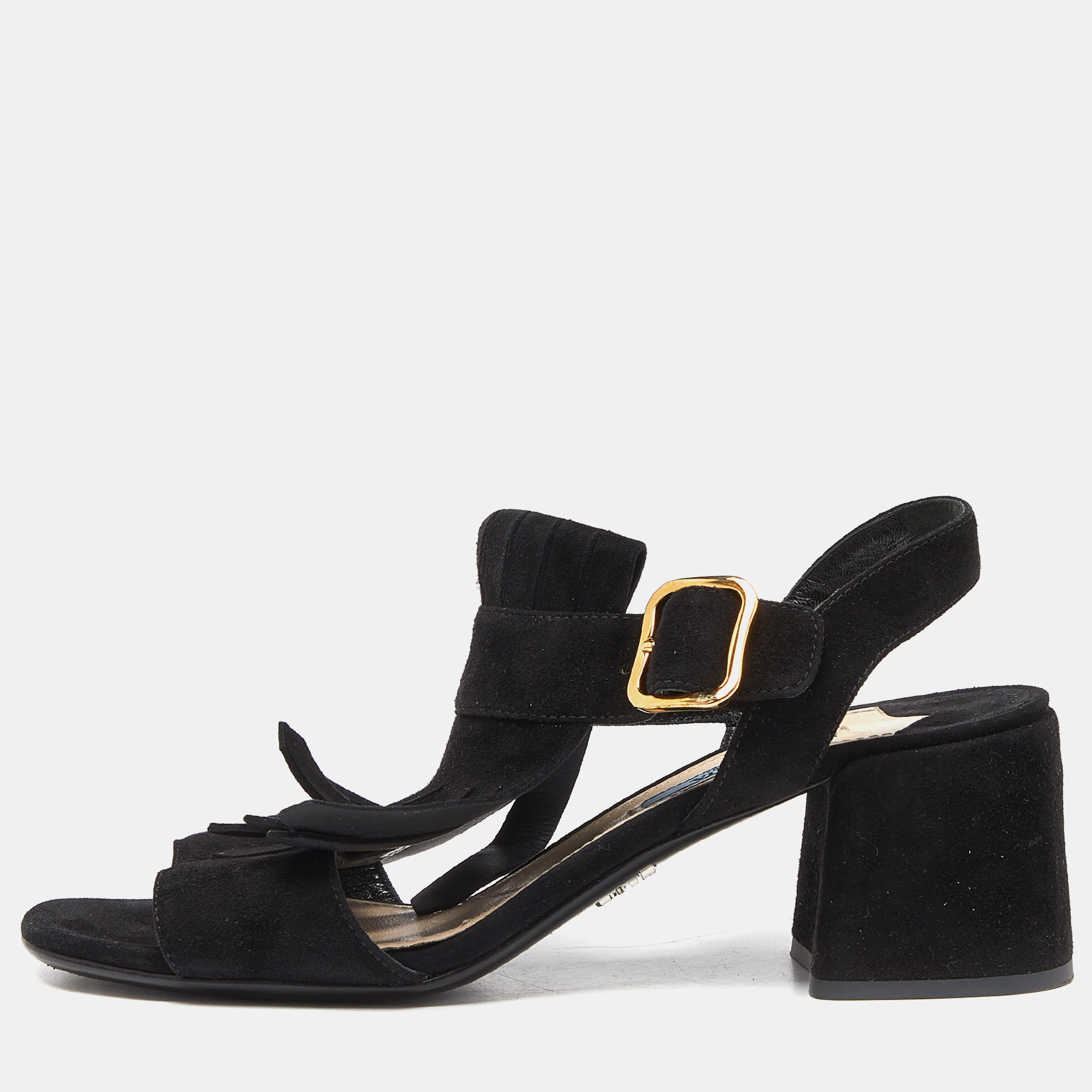 Prada black suede fringe ankle strap sandals size 37