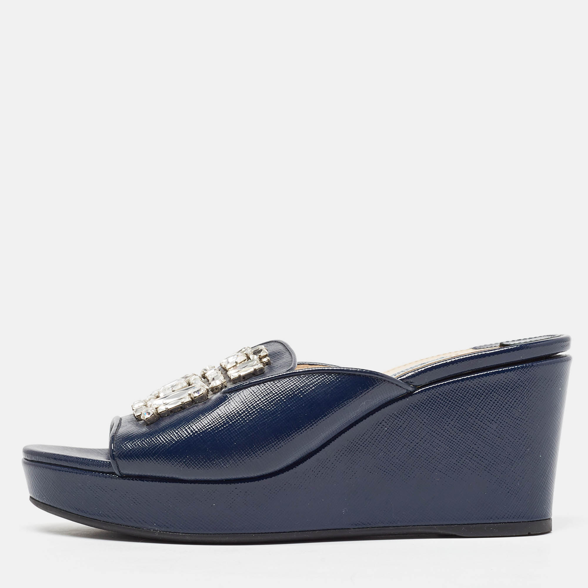 Prada blue patent leather crystal embellished wedge slide sandals size 39