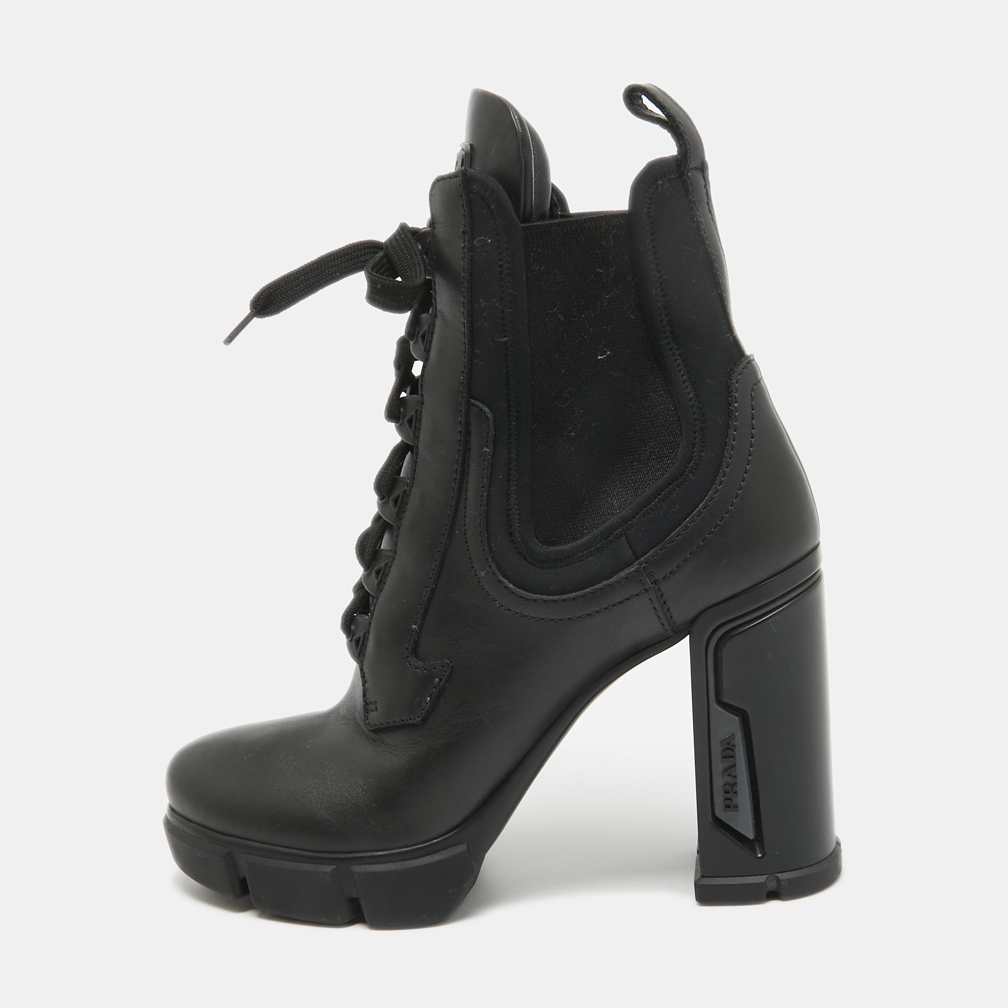 Prada black leather and neopreme block heel ankle boots size 39