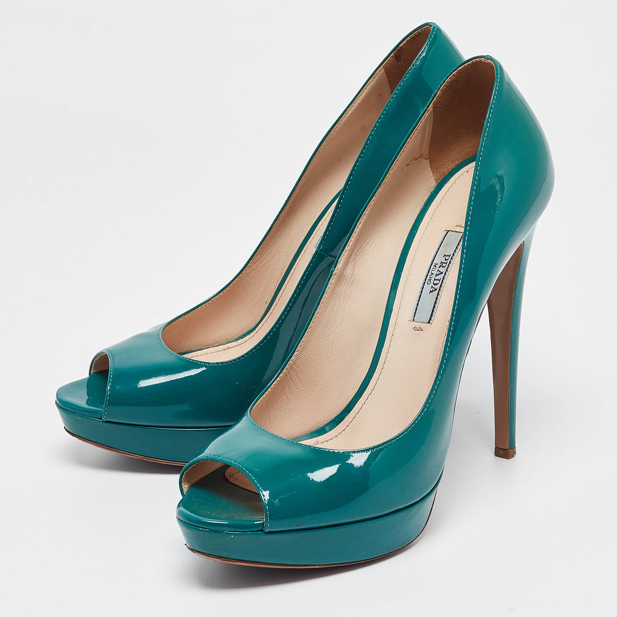 Prada Green Patent Leather Peep Toe Pumps Size 39.5