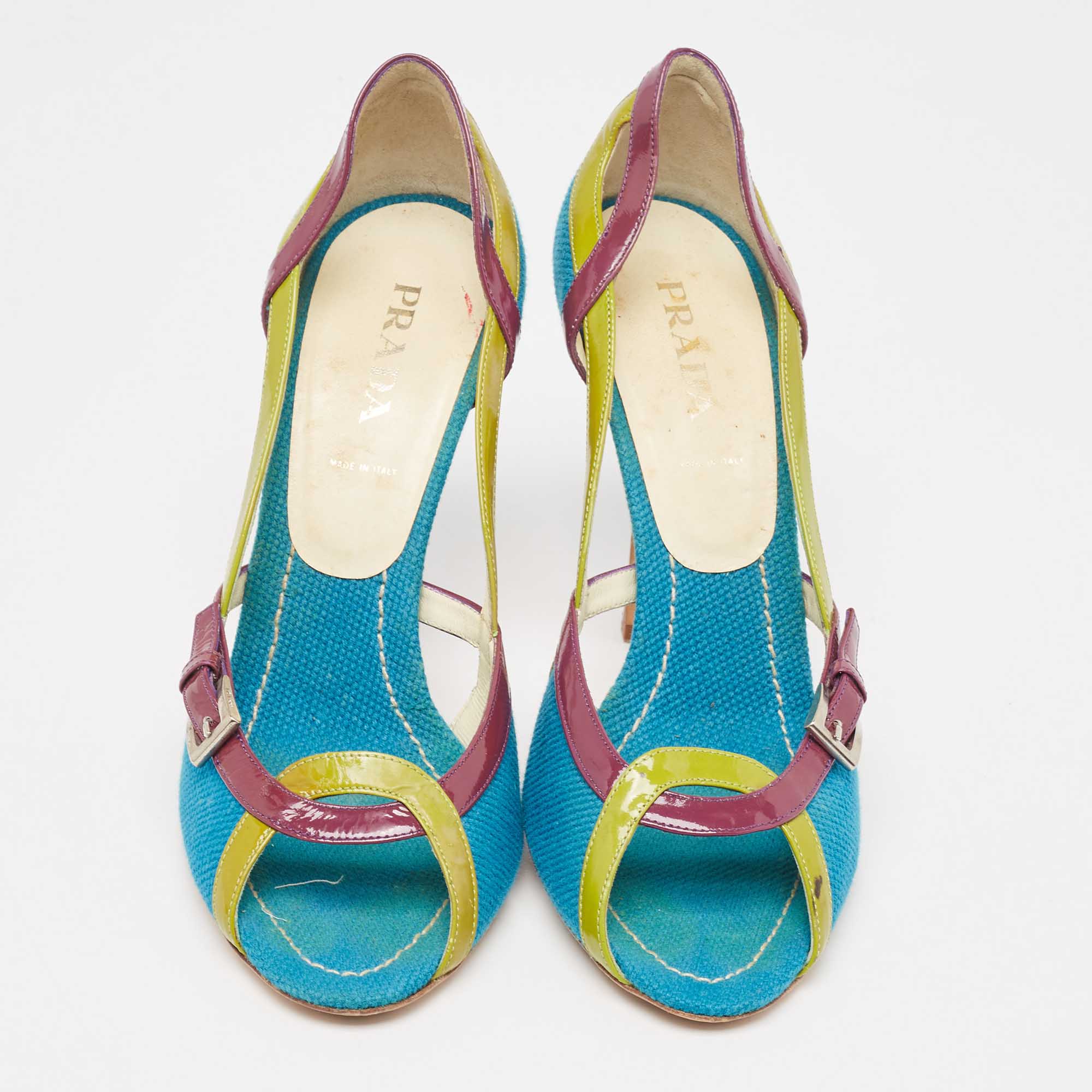 Prada Tricolor Canvas And Patent Leather Peep Toe Pumps Size 40.5