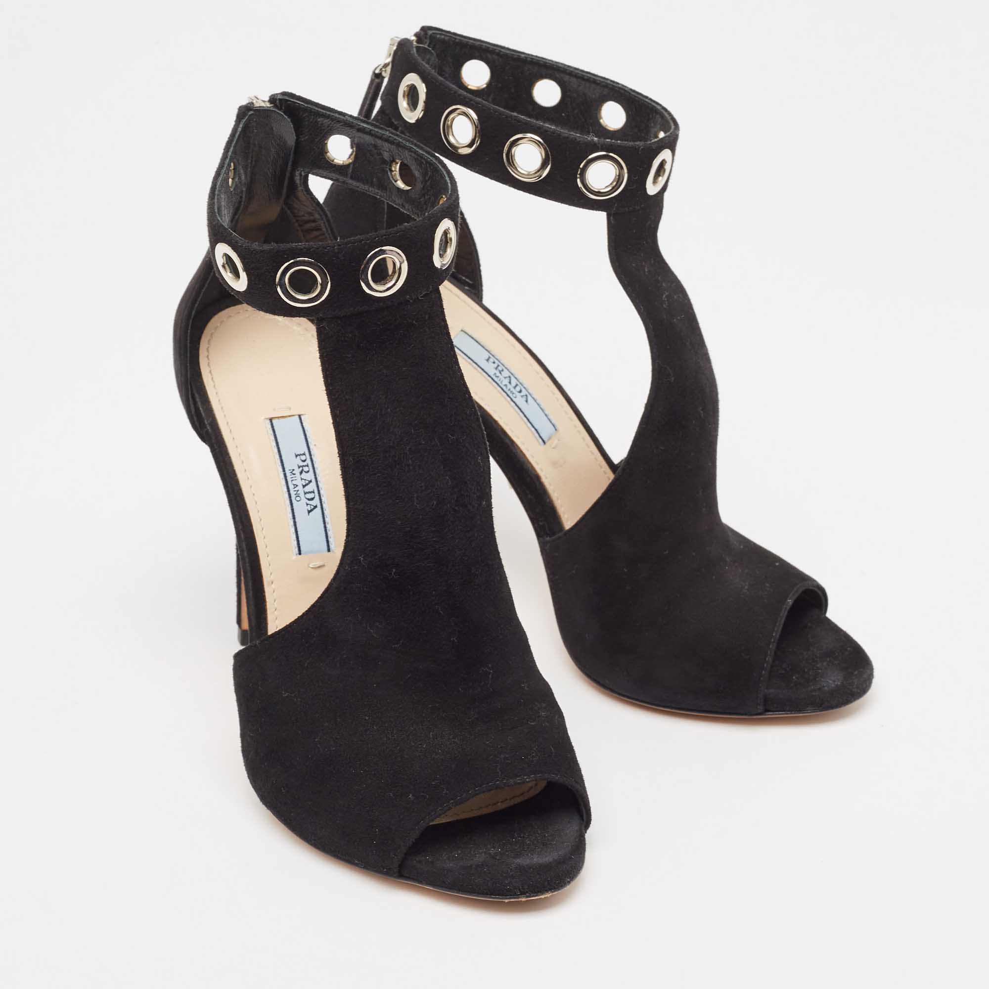 Prada Black Suede Eyelet Detail T-Bar Ankle Strap Sandals Size 36