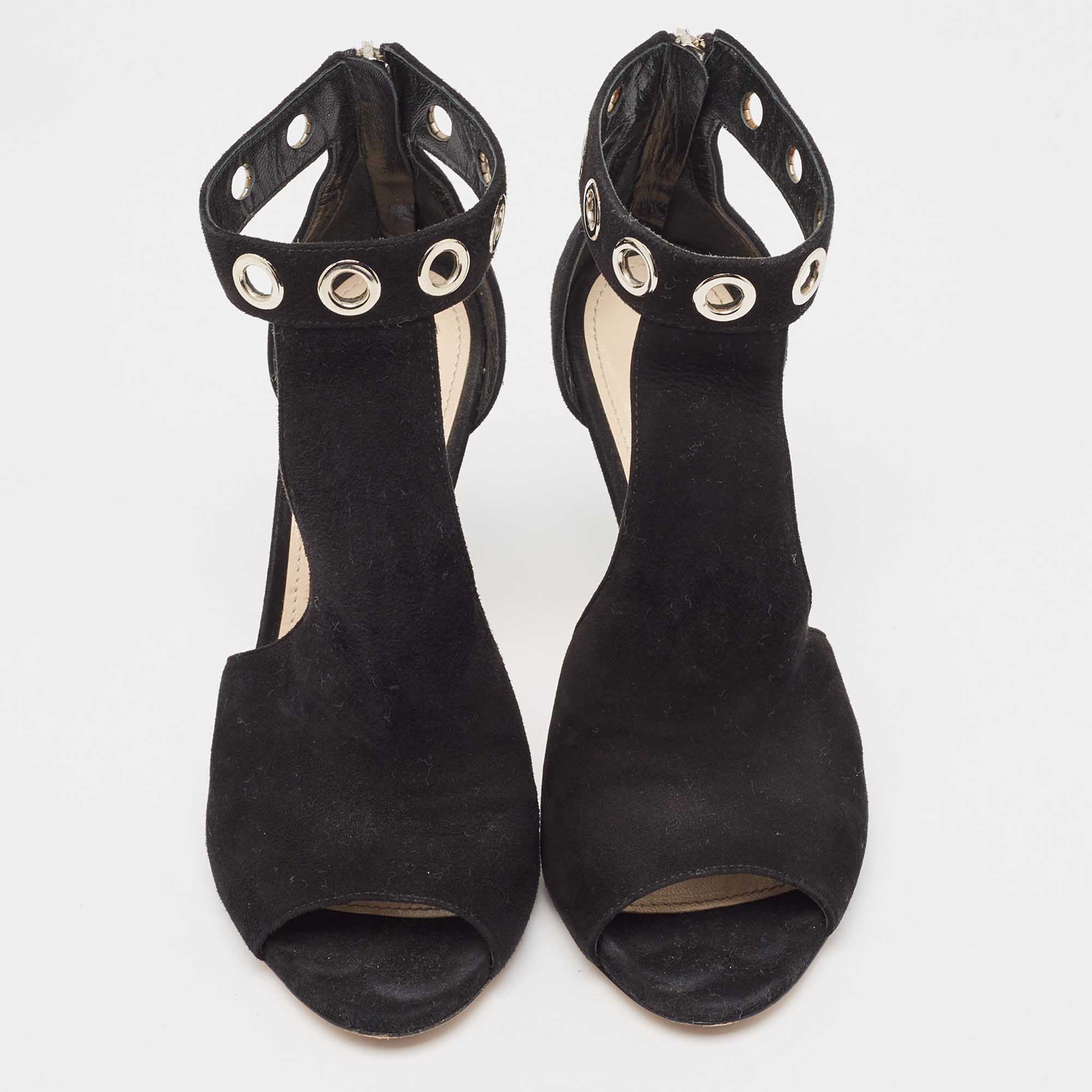 Prada Black Suede Eyelet Detail T-Bar Ankle Strap Sandals Size 36