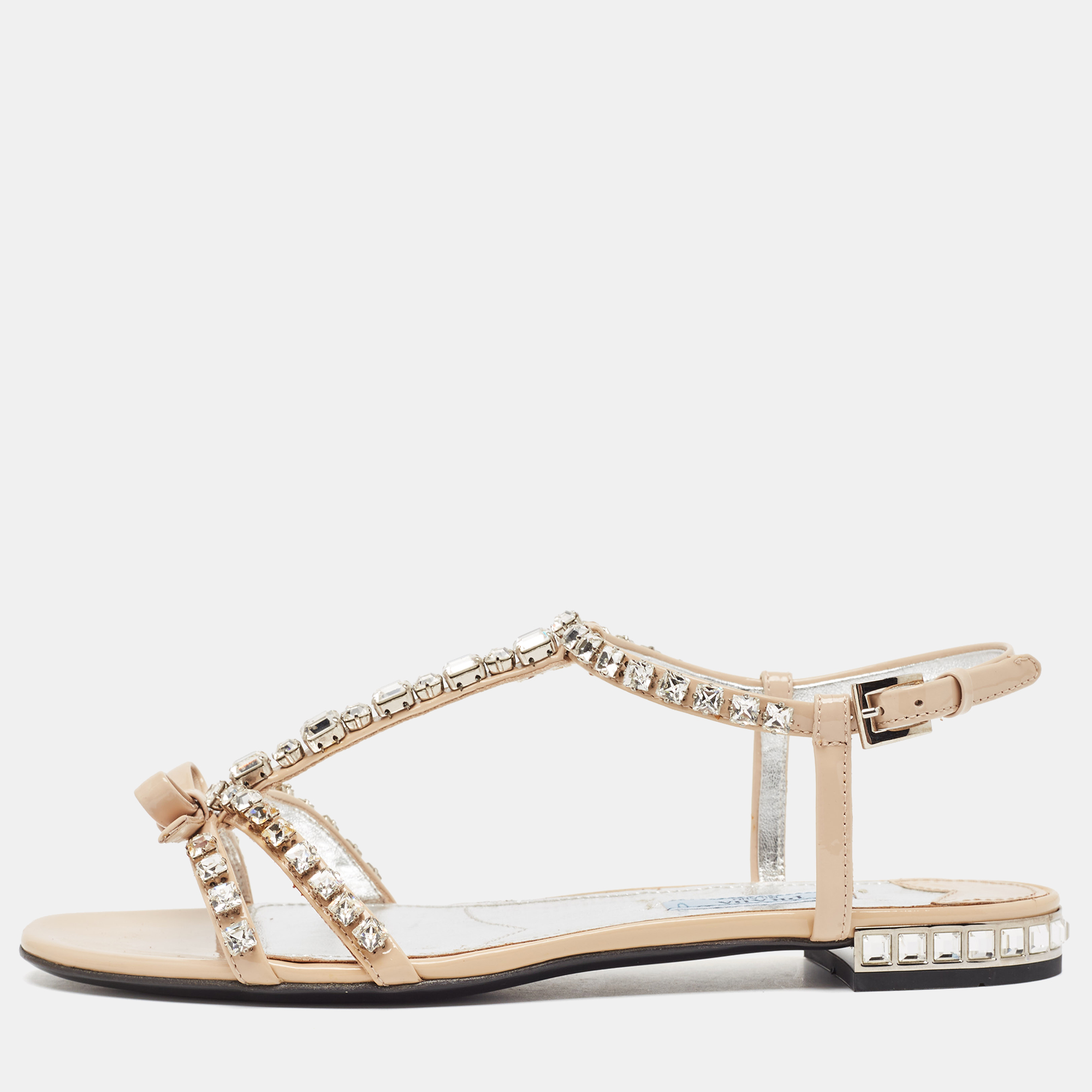 Prada beige patent leather crystal embellished bow ankle strap sandals size 36.5