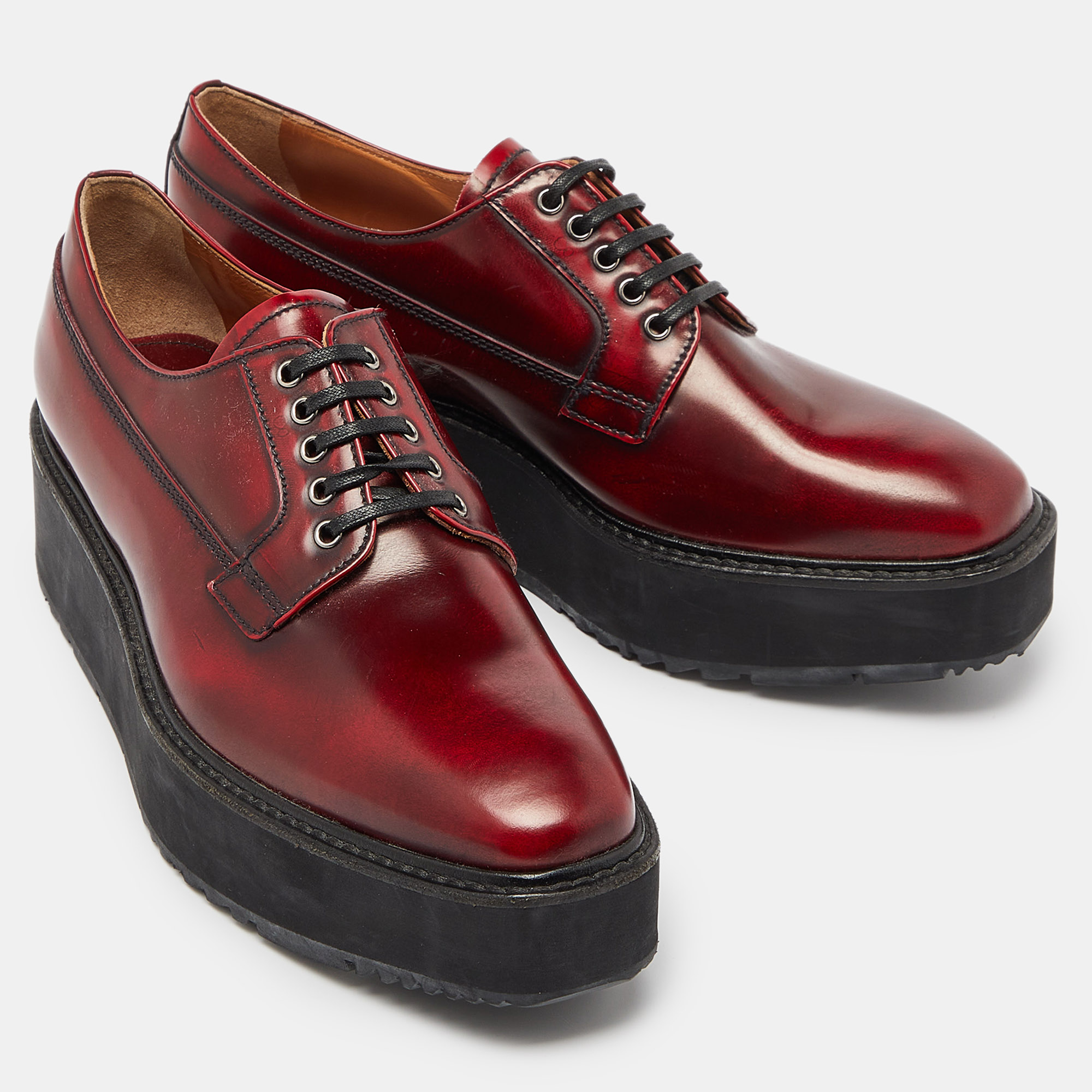 Prada Maroon Leather Platform Derby Size 38