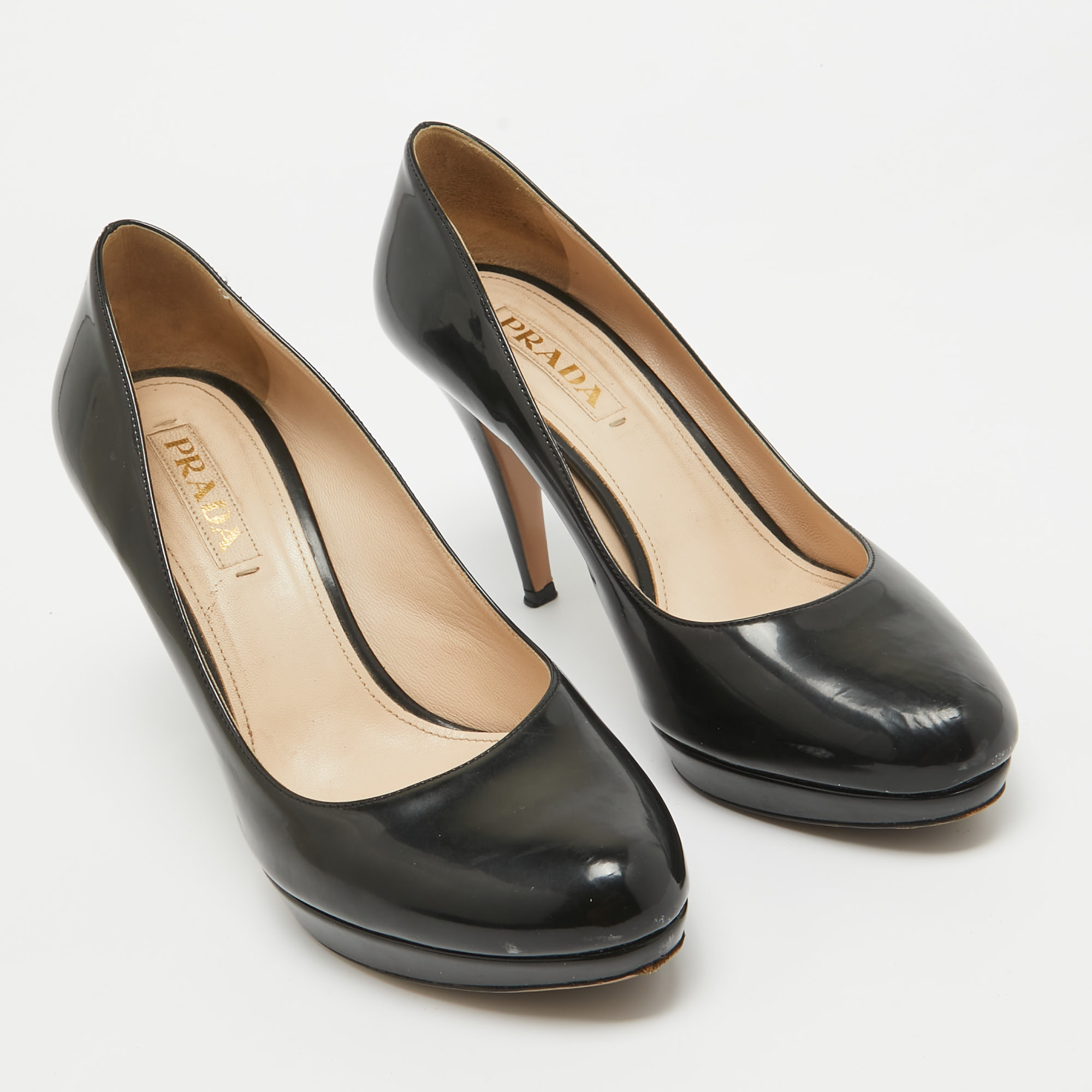 Prada Black Patent Leather Platform Round Toe Pumps Size 40.5