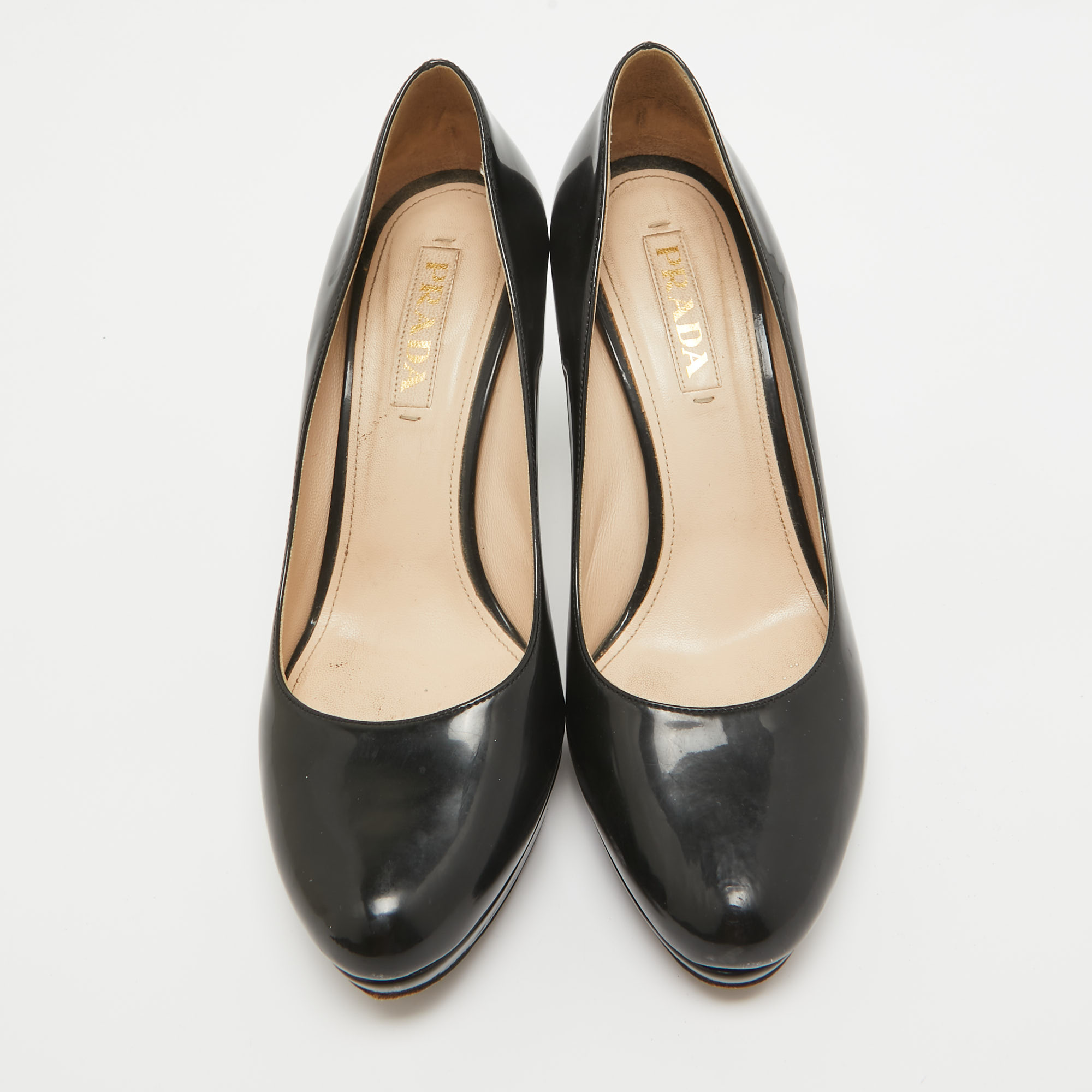 Prada Black Patent Leather Platform Round Toe Pumps Size 40.5