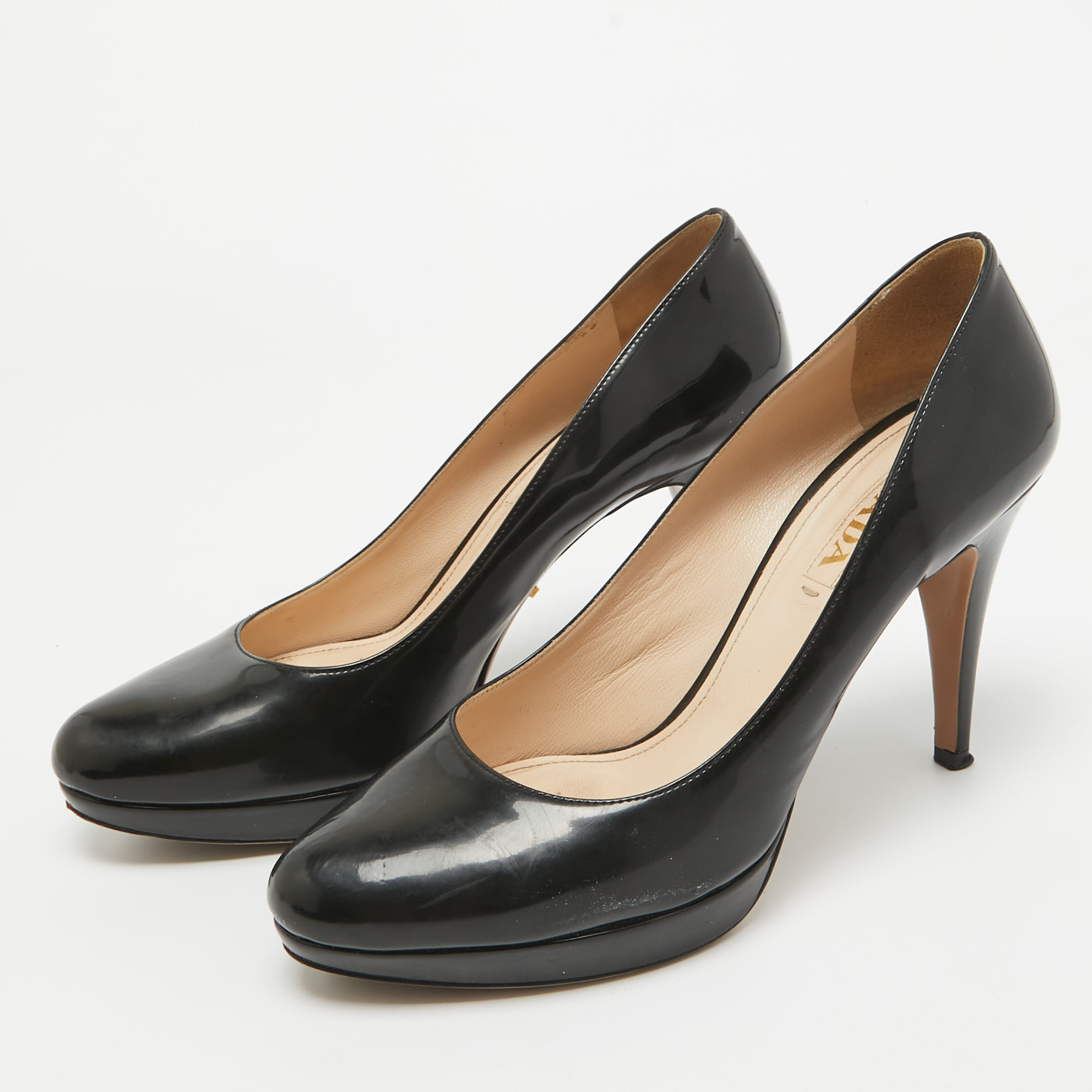 Prada Black Patent Leather Platform Round Toe Pumps Size 40.5