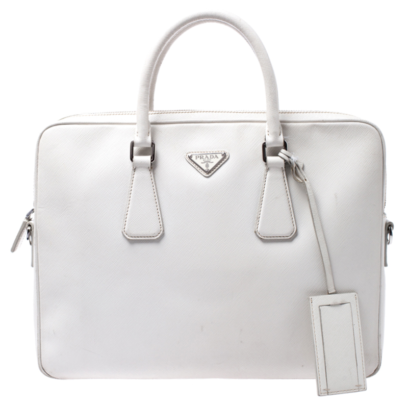 Prada White Saffiano Leather Briefcase female Leather/Nylon