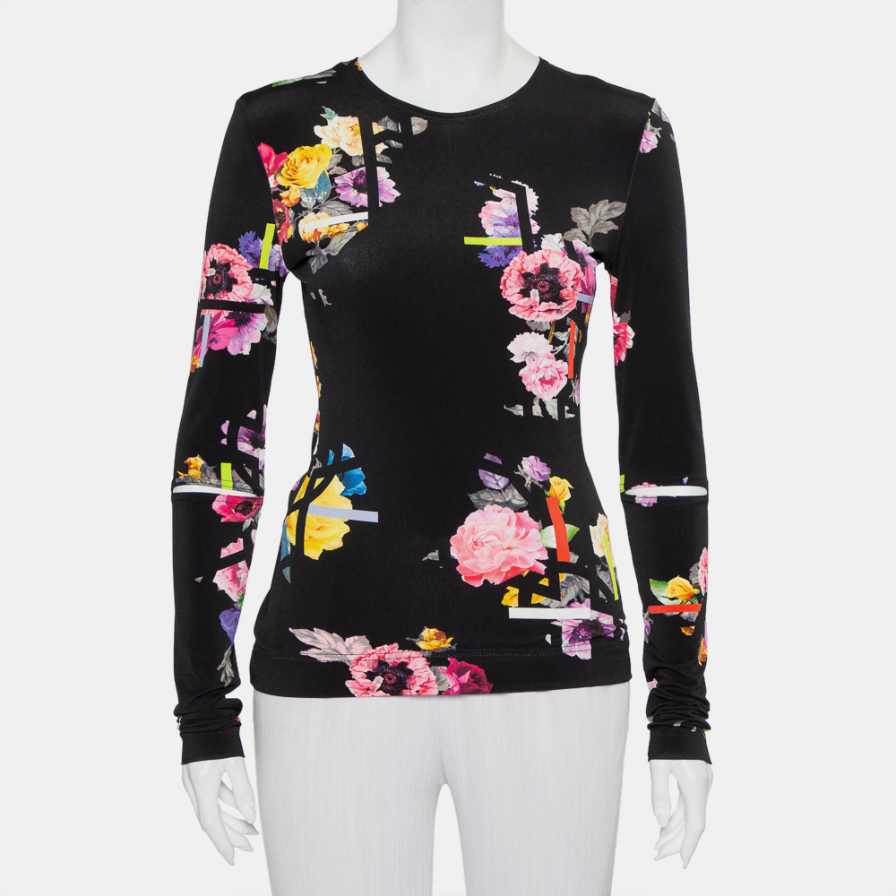 Preen by thornton bregazzi black floral printed jersey cutout sleeve detail top m