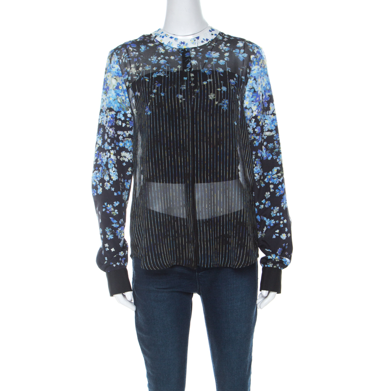 Image of Preen Multicolor Floral and Striped Print Crepe Button Down Shirt L