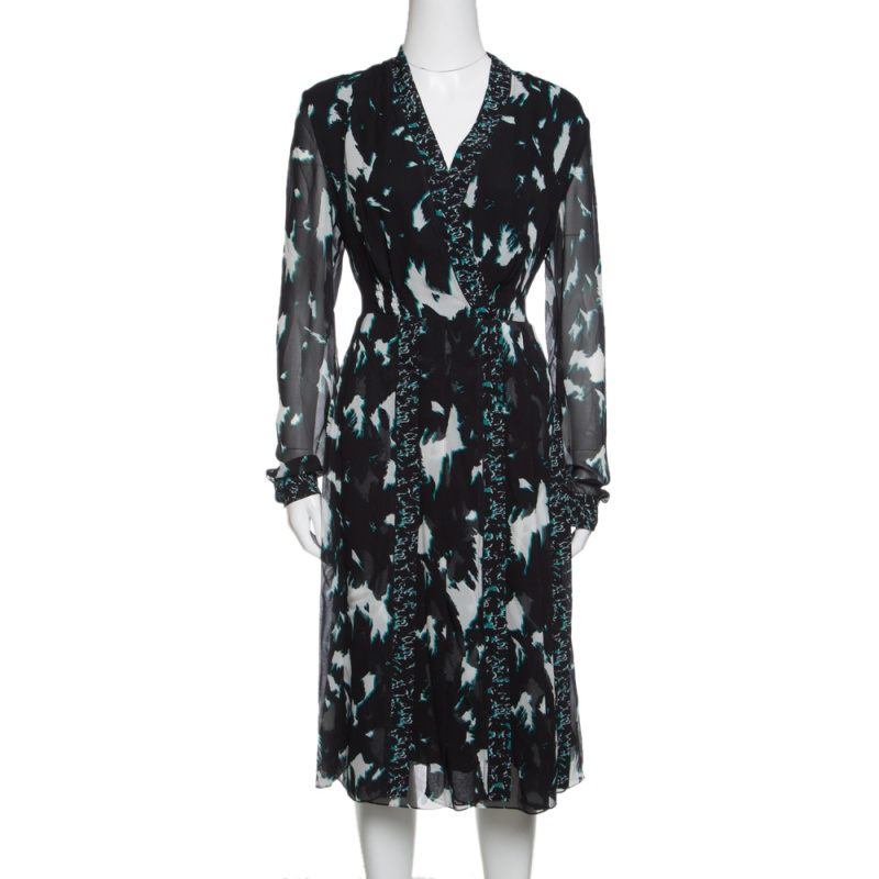 Image of Proenza Schouler Black Printed Silk Pleated Long Sleeve Dress S