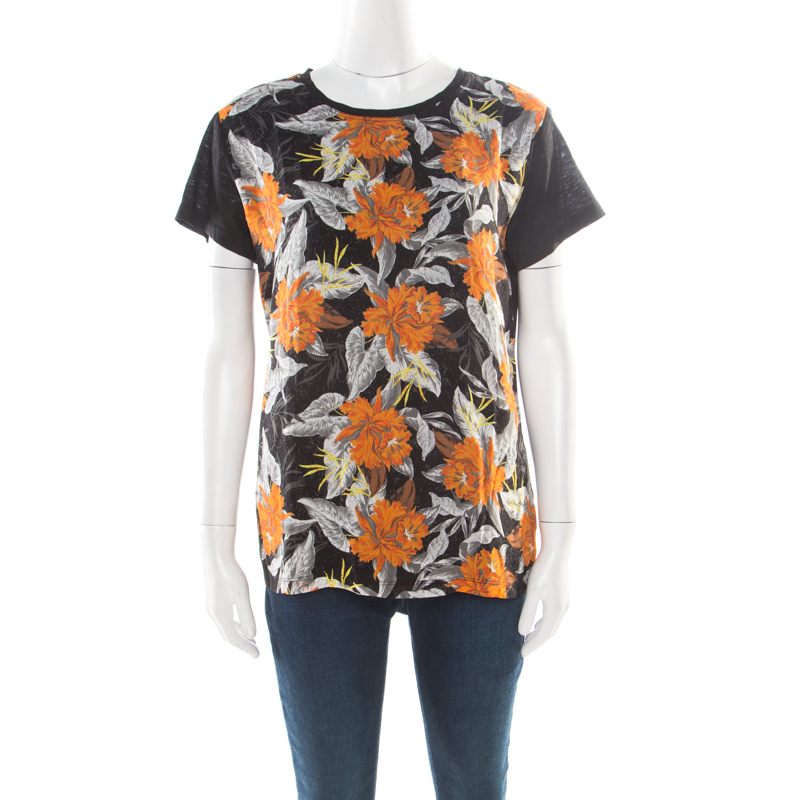 

Proenza Schouler Black Slub Jersey Contrast Floral Print T-Shirt