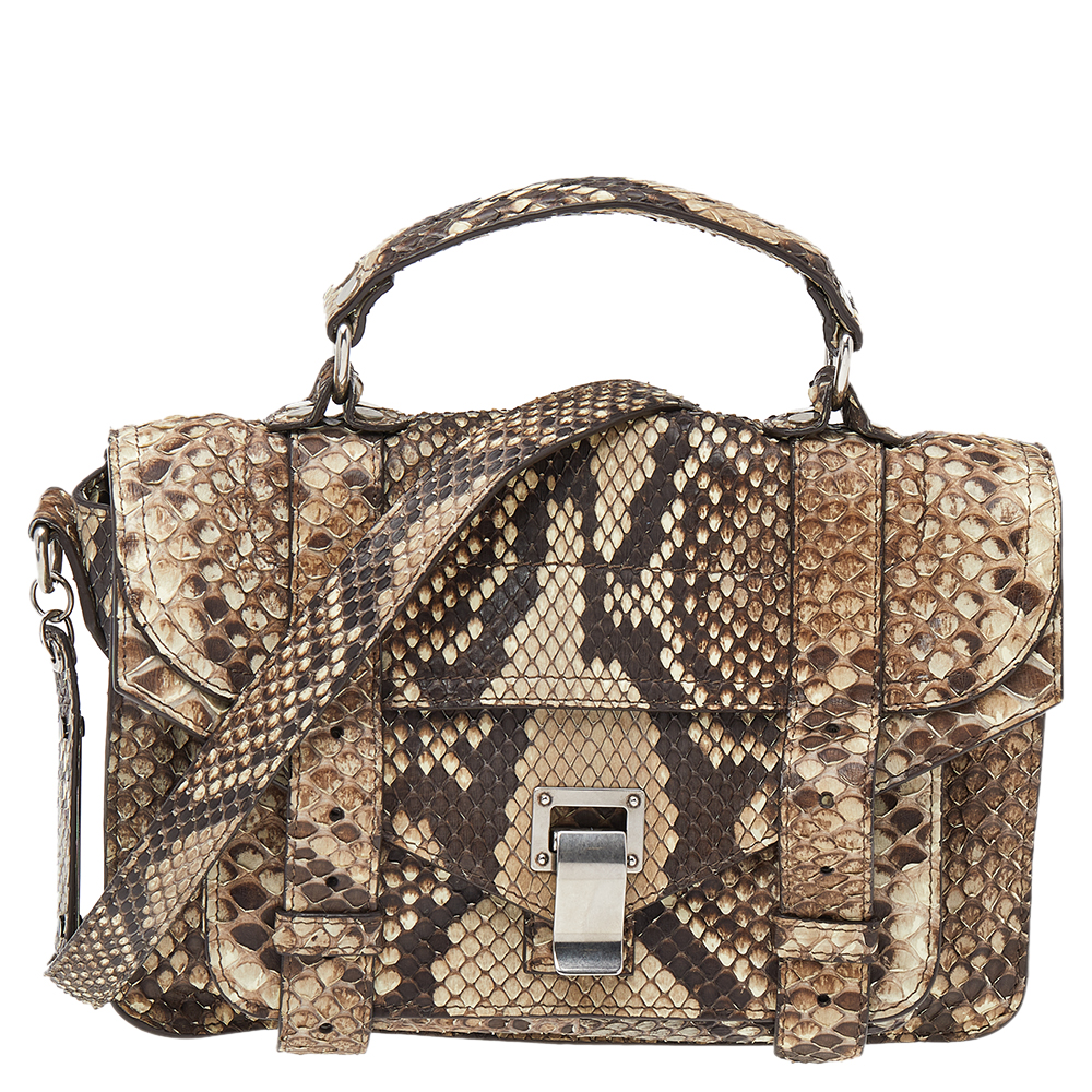 Proenza schouler beige/brown python leather ps1 tiny python top handle bag