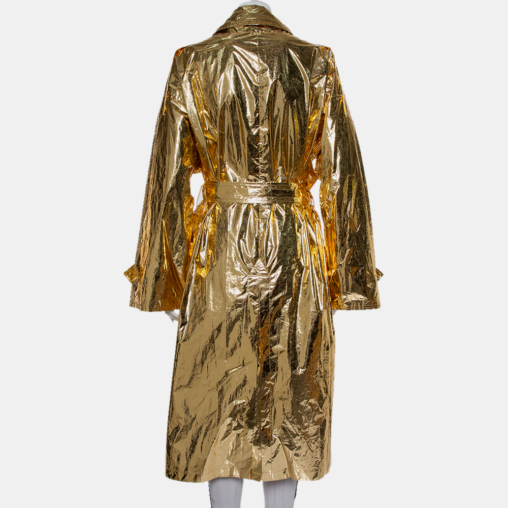 Push Button Metallic Gold Crinkled Synthetic Belted Oversized Trench Coat M