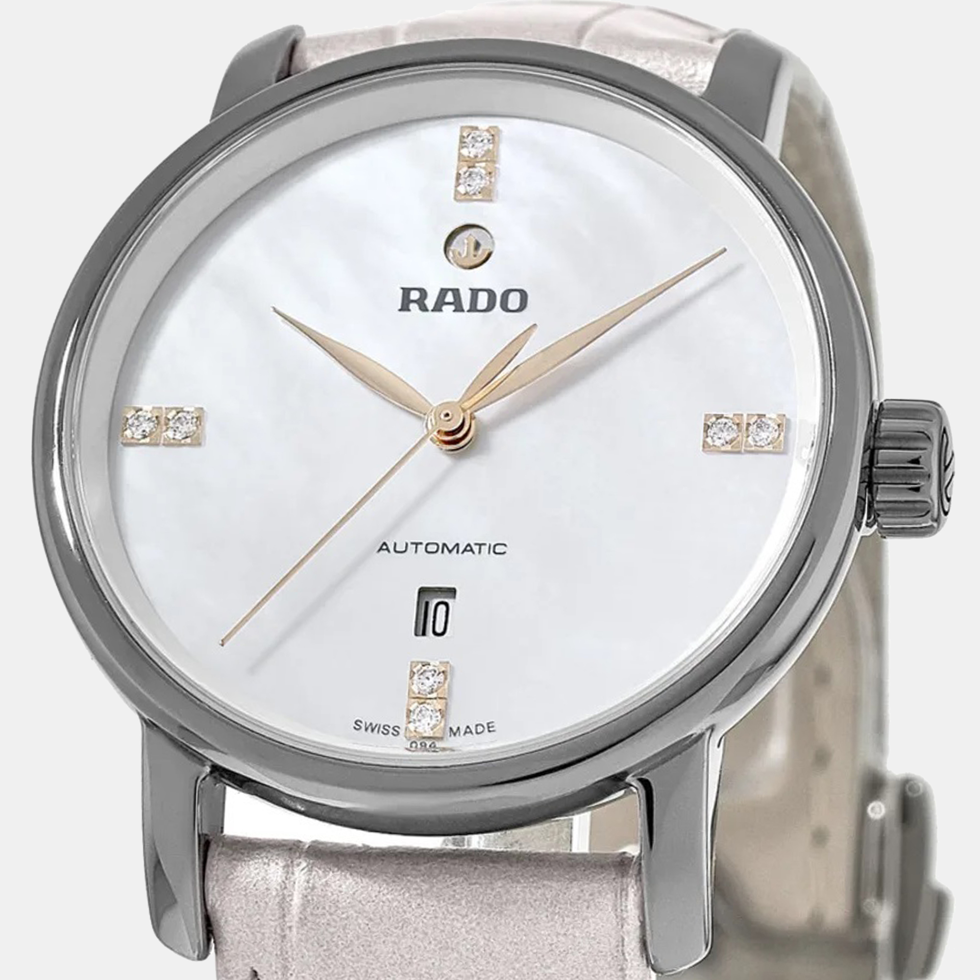 Rado Mother Of Pearl Plasma Diamond High-Tech Ceramic Leather Diamaster R14026945 Women's Wristwatch 33 Mm