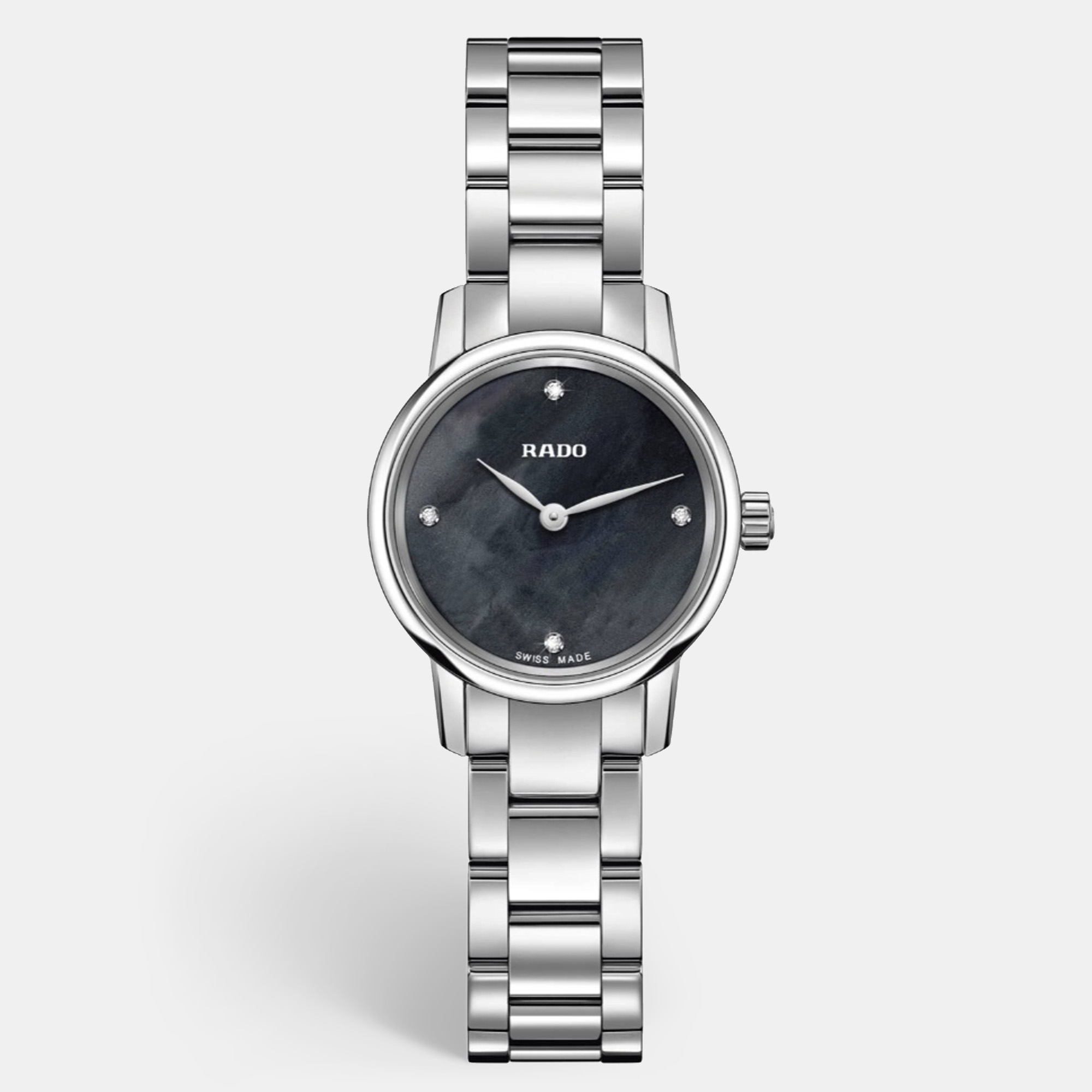 Rado black mother of pearl diamond stainless steel coupole r22890963 women's wristwatch 21 mm