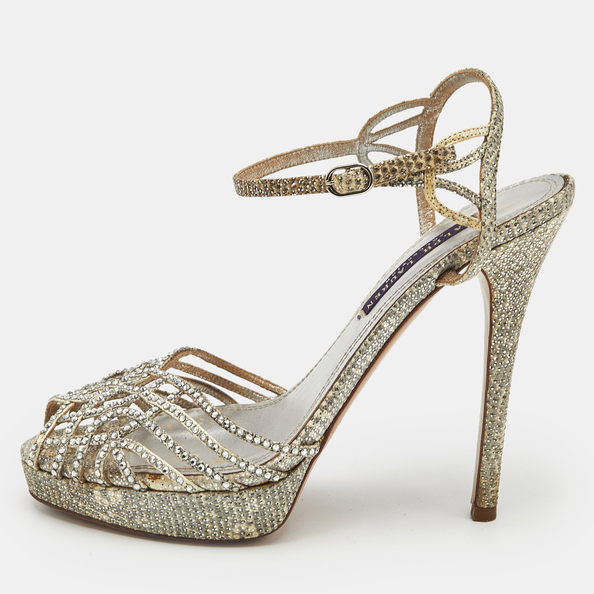 Ralph Lauren Collection Grey Leather Crystal Embellished Platform Sandals Size 38
Ralph Lauren Collection Grey Leather Crystal Embellished Platform Sandals Size 38