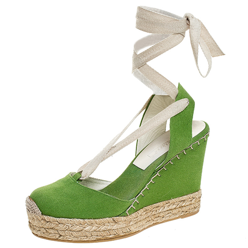 Image of Ralph Lauren Collection Green Canvas Wedge Platform Ankle Wrap Sandals Size .