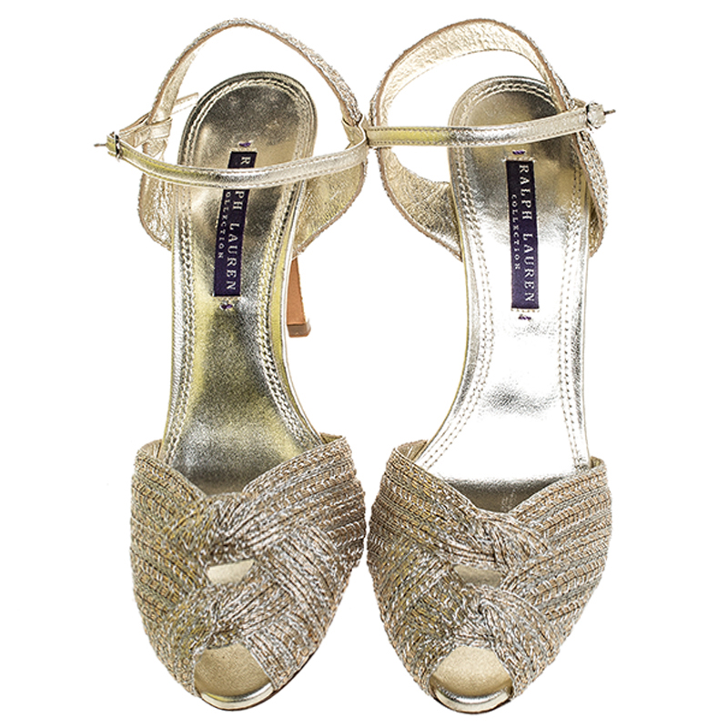Ralph Lauren Collection Gold Textured Fabric Double Knot Peep Toe  Ankle Strap Sandals Size 38