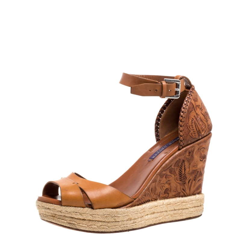Image of Ralph Lauren Brown Floral Leather Espadrille Wedge Platform Ankle Strap Sandals Size