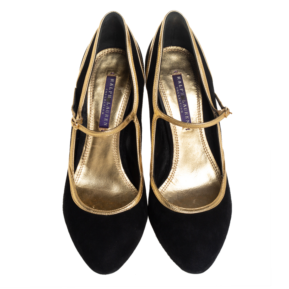 Ralph Lauren Collection Black/Gold Suede And Leather Pumps Size 38.5