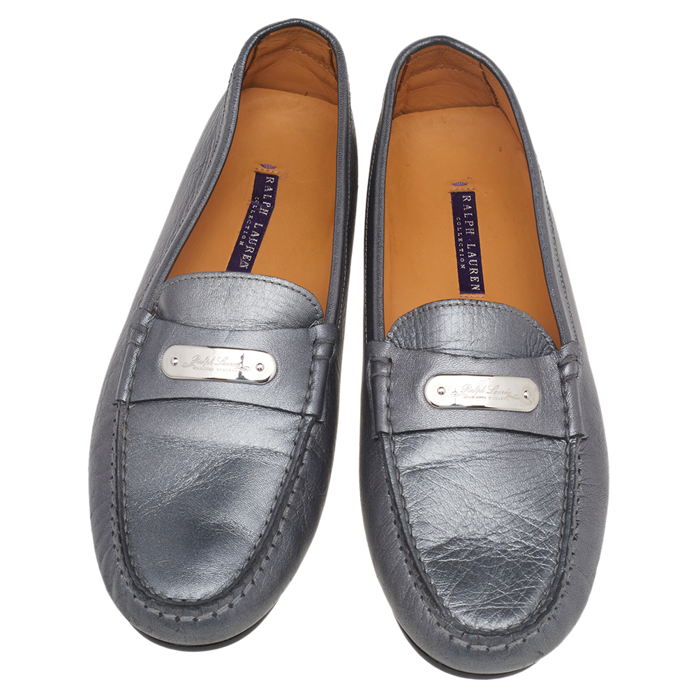 Ralph Lauren Collection Metallic Grey Leather Slip On Loafers Size 40