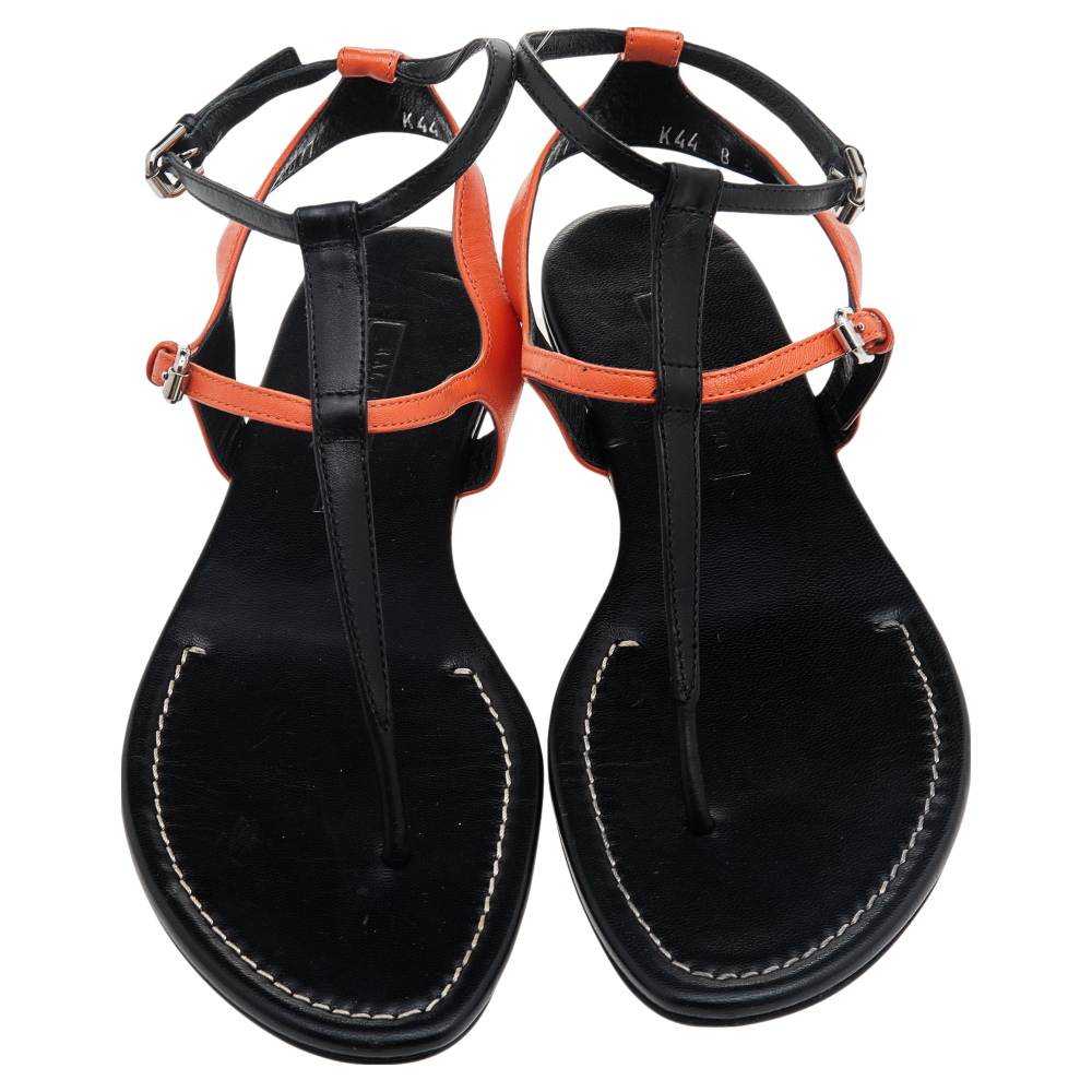 Ralph Lauren Collection Black/Orange Leather Thong Flat Sandals Size 38.5