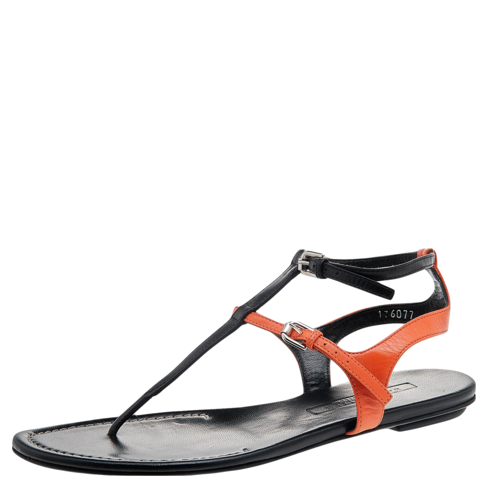 Ralph lauren collection black/orange leather thong flat sandals size 38.5