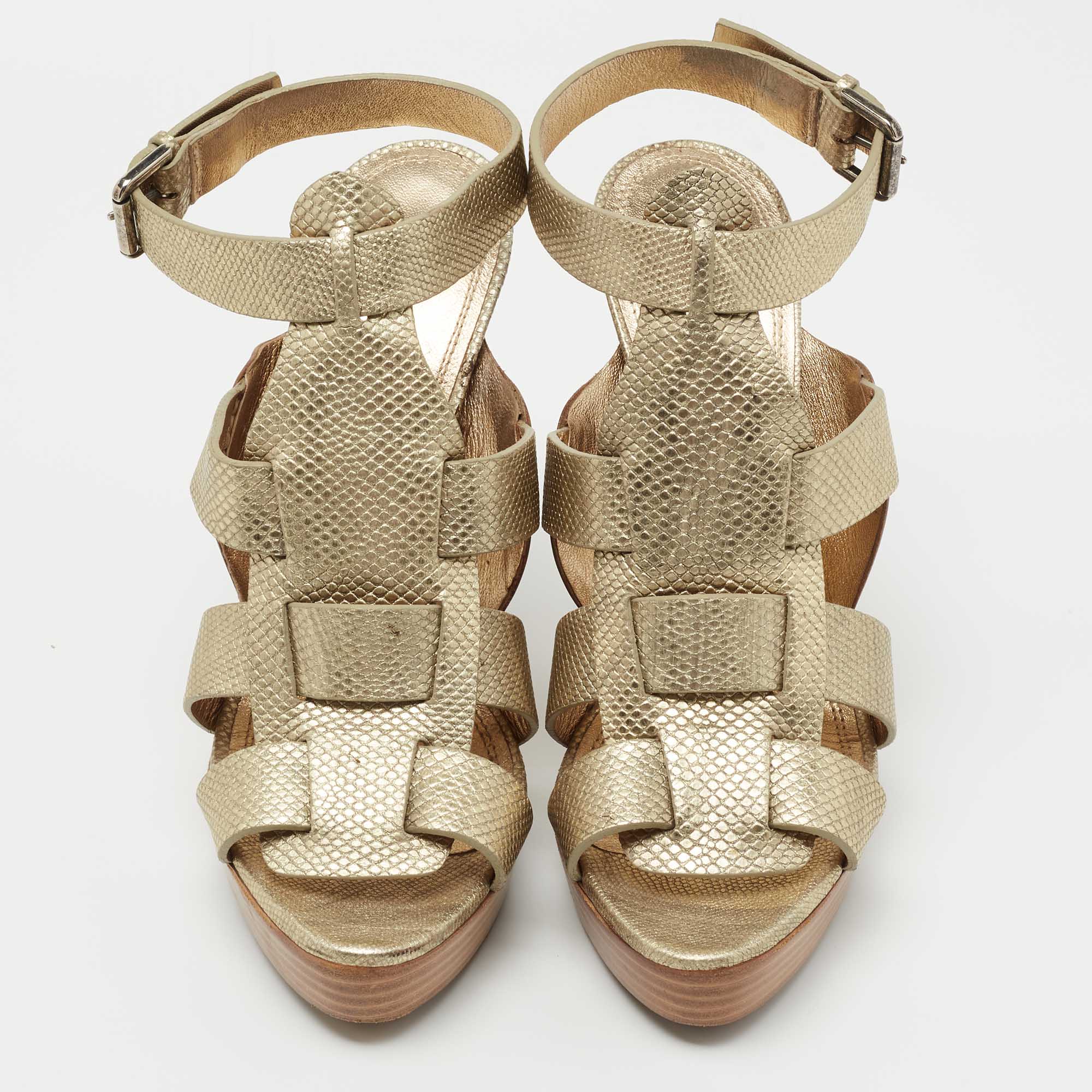 Ralph Lauren Collection Gold Lizard Embossed Leather Ankle Strap Sandals Size 40.5