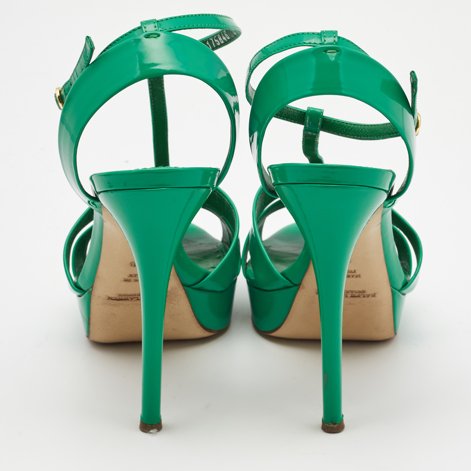Ralph Lauren Collection Green Patent Leather T Strap Peep Toe Sandals Size 38