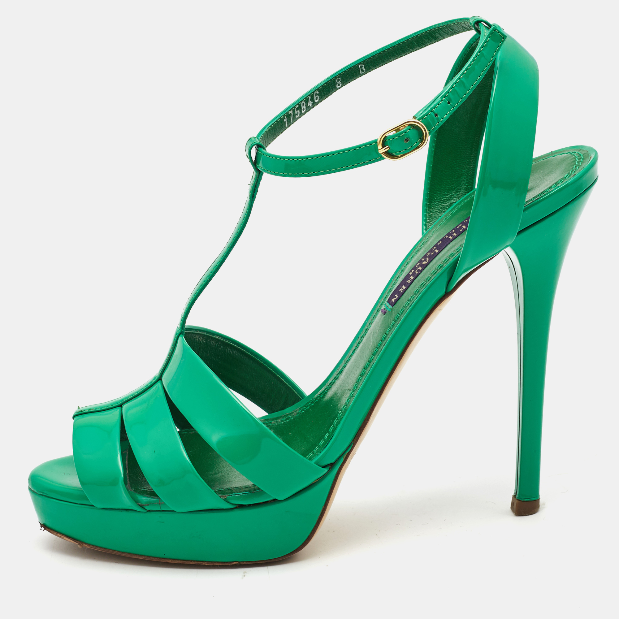 

Ralph Lauren Collection Green Patent Leather T Strap Peep Toe Sandals Size