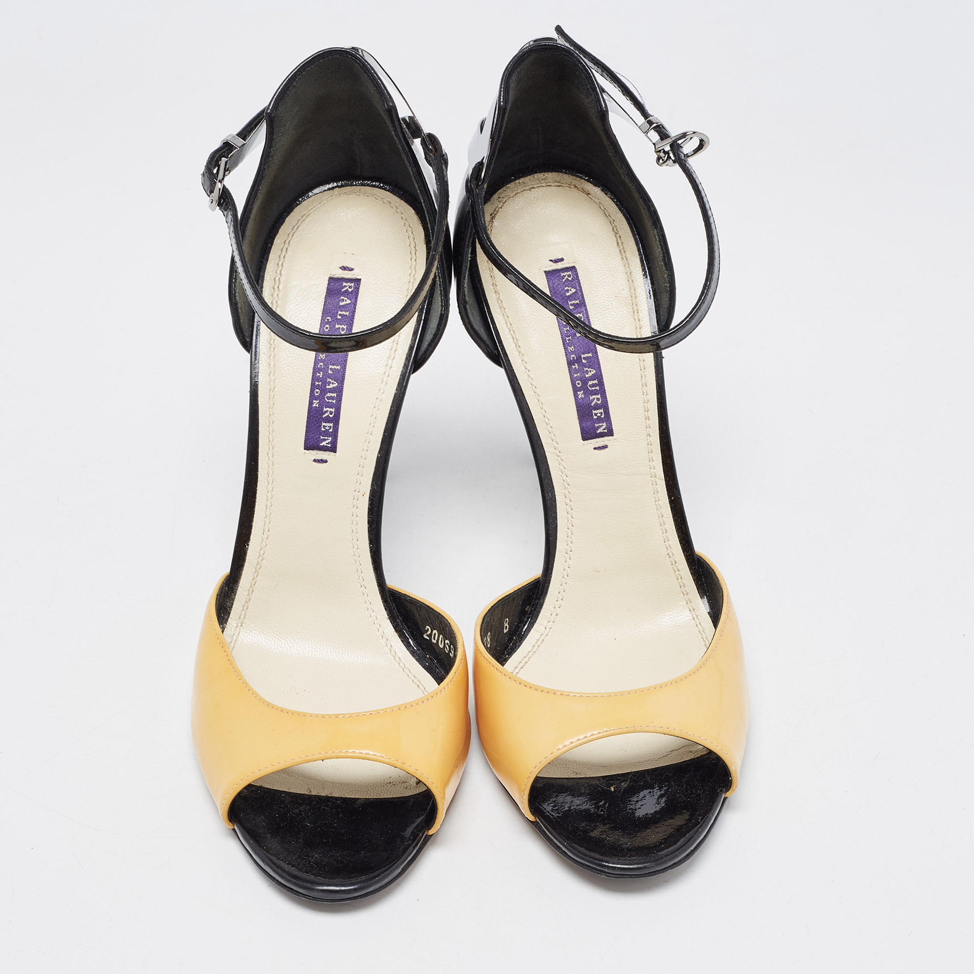 Ralph Lauren Collection Black/yellow Patent Leather Peep Toe Sandals Size 38