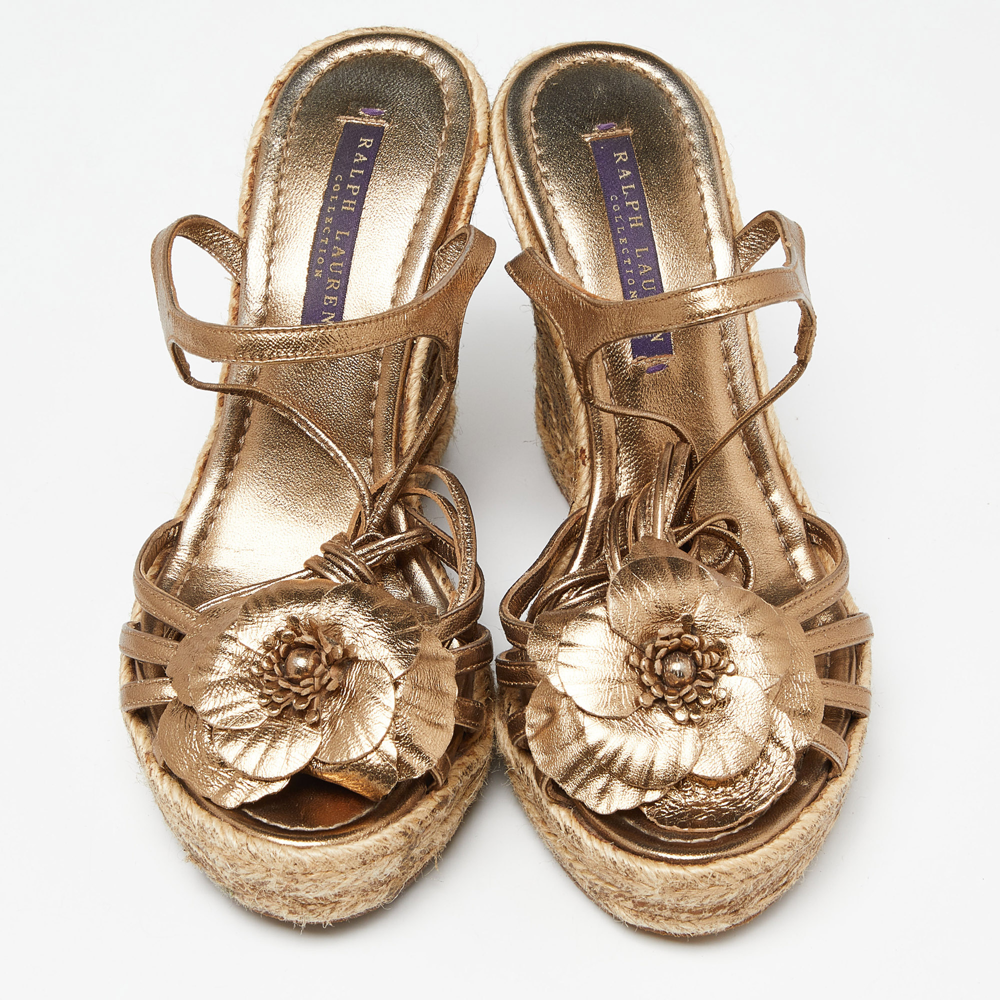 Ralph Lauren Collection Metallic Leather Flower Applique Espadrille Wedge Ankle Tie Sandals Size 37
