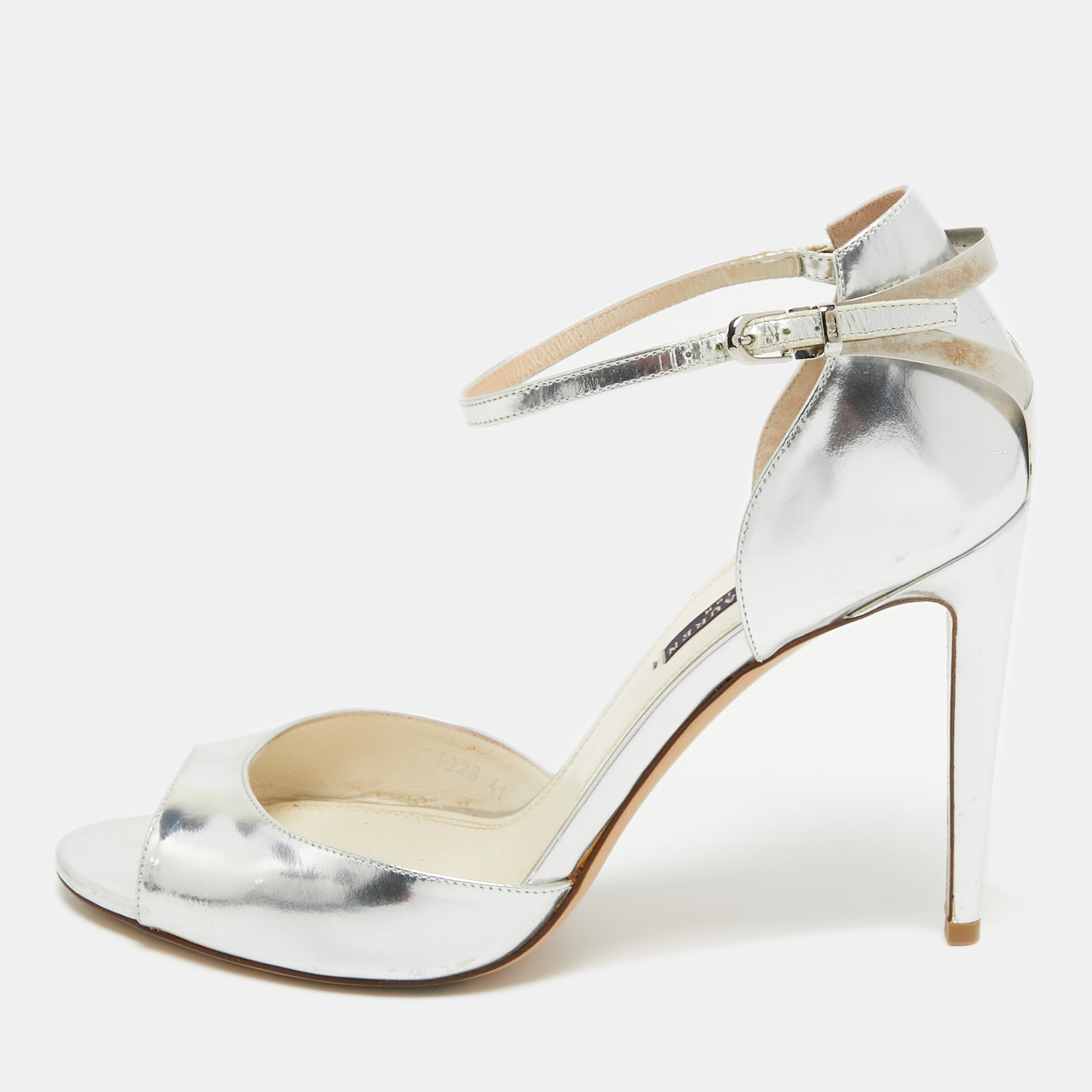 Ralph Lauren Collection Silver Leather Ankle Strap Sandals Size 41