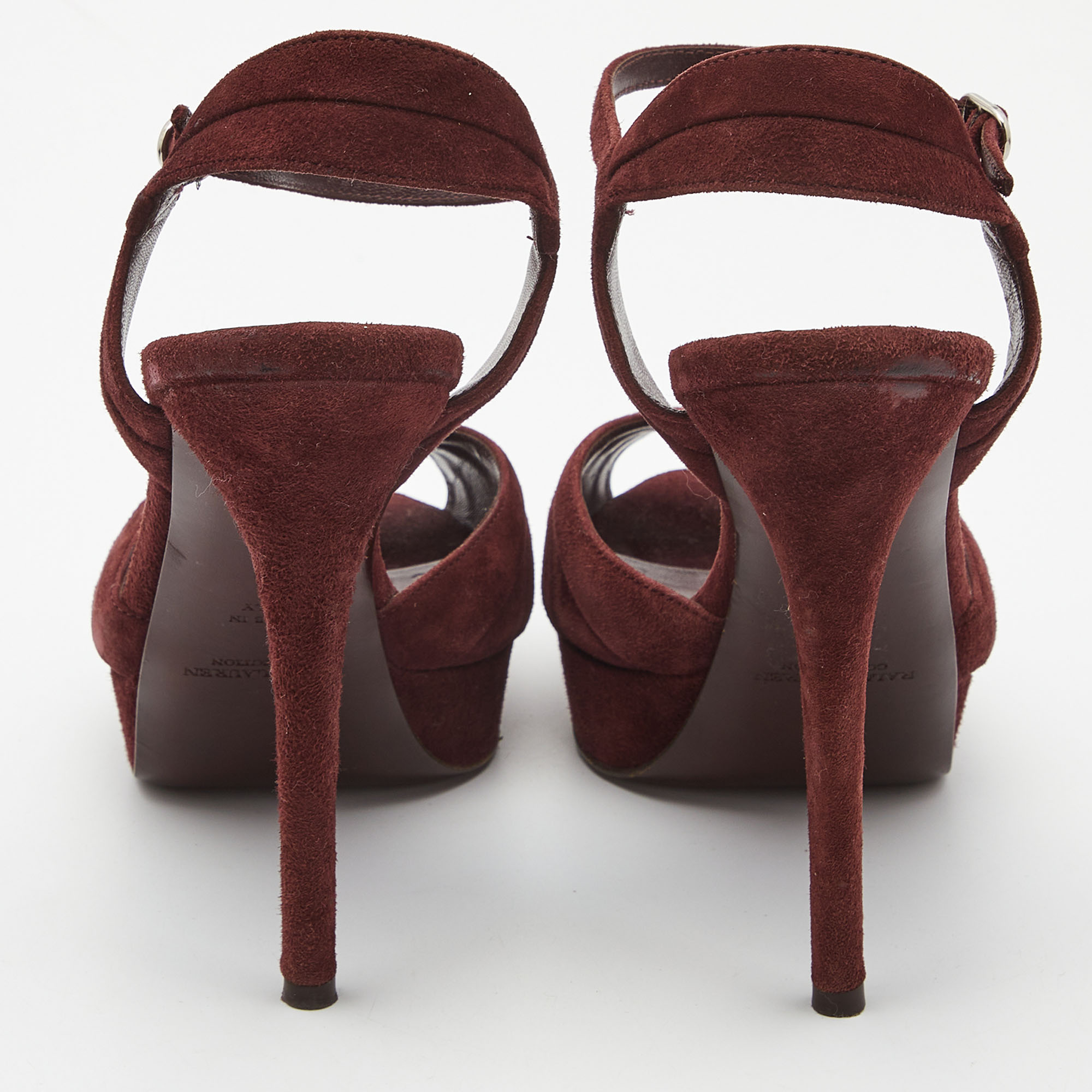 Ralph Lauren Burgundy Suede Peep Toe Platform Ankle Strap Sandals Size 40