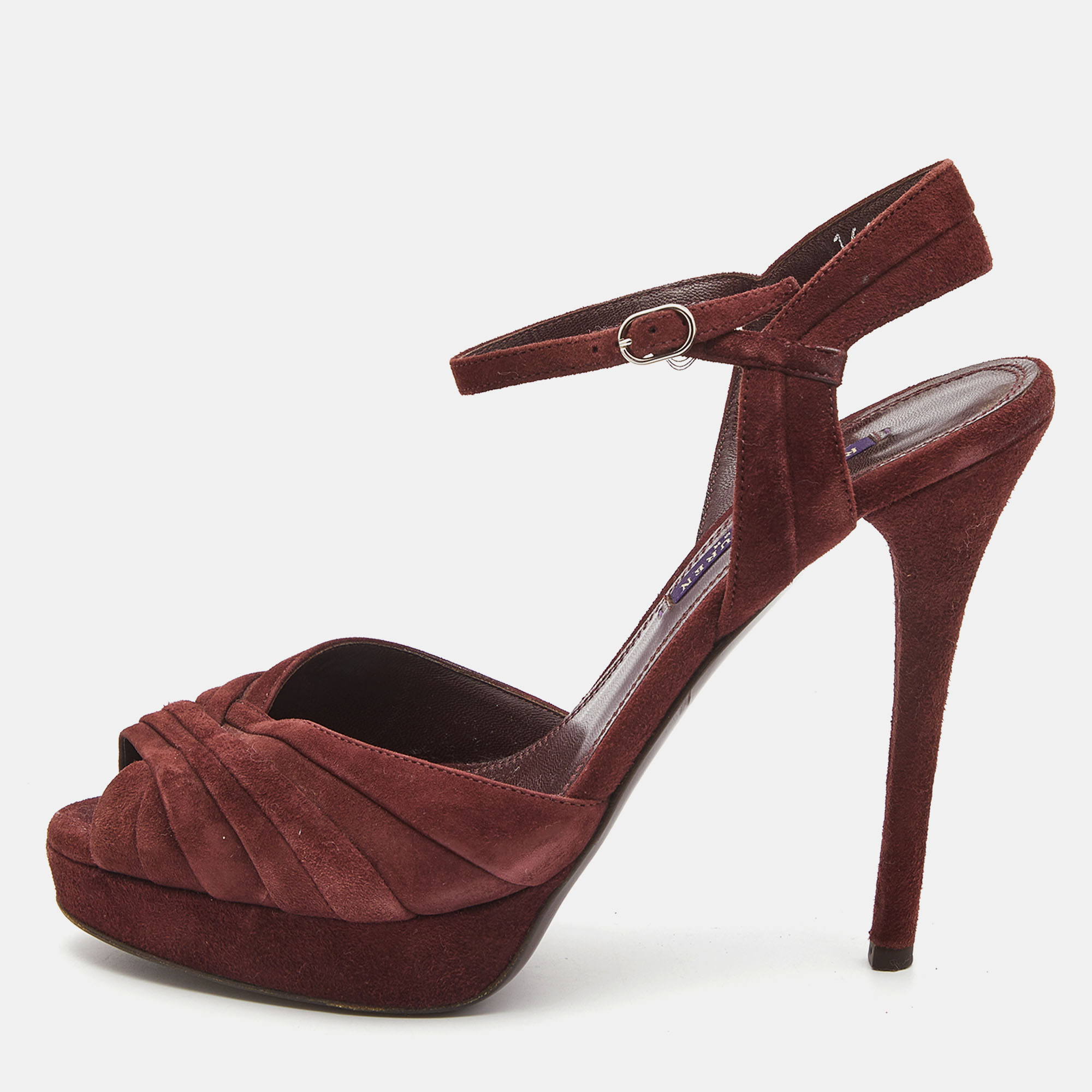 

Ralph Lauren Burgundy Suede Peep Toe Platform Ankle Strap Sandals Size