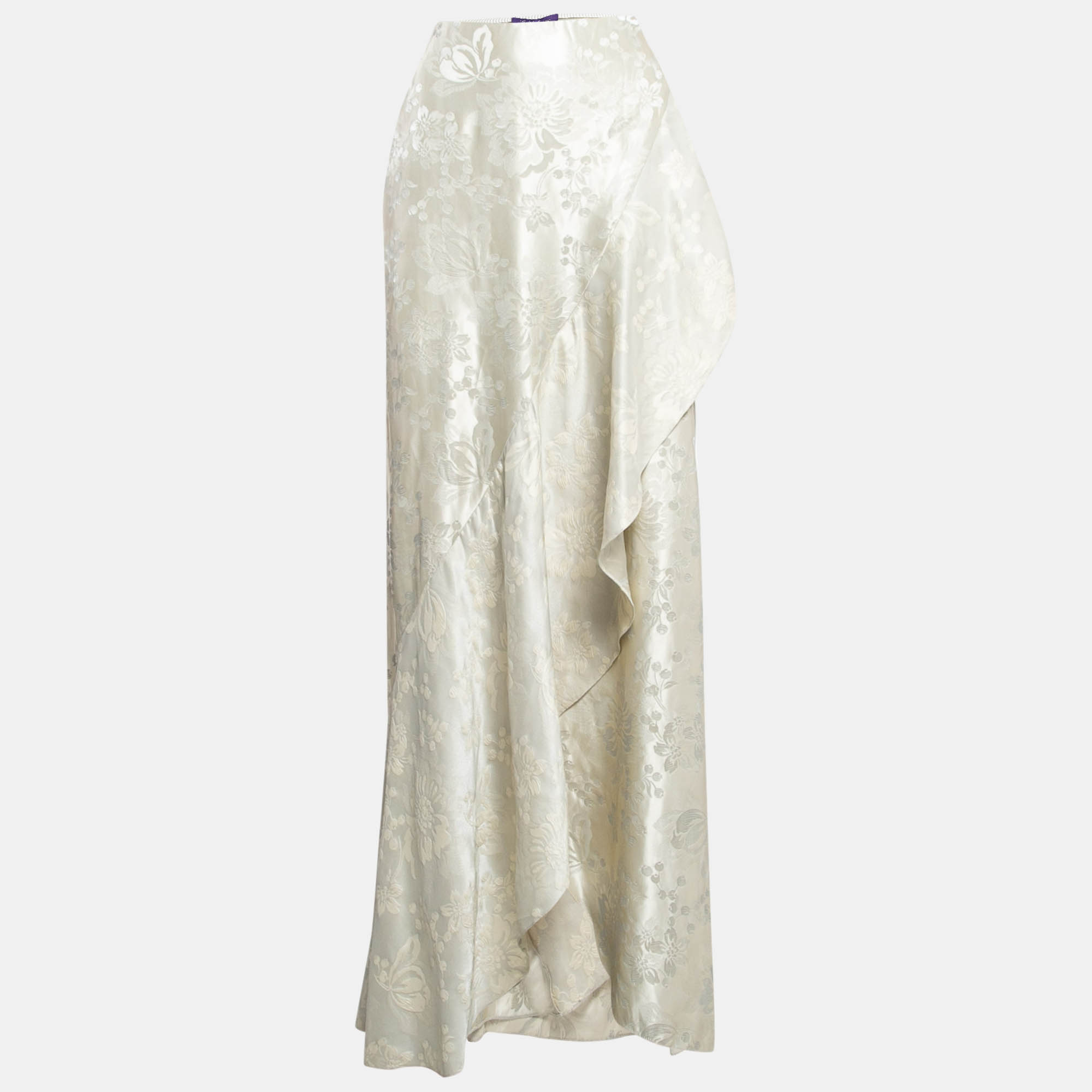 Ralph Lauren Cream Floral Lam&eacute; Jacquard Ruffled Maxi Skirt M