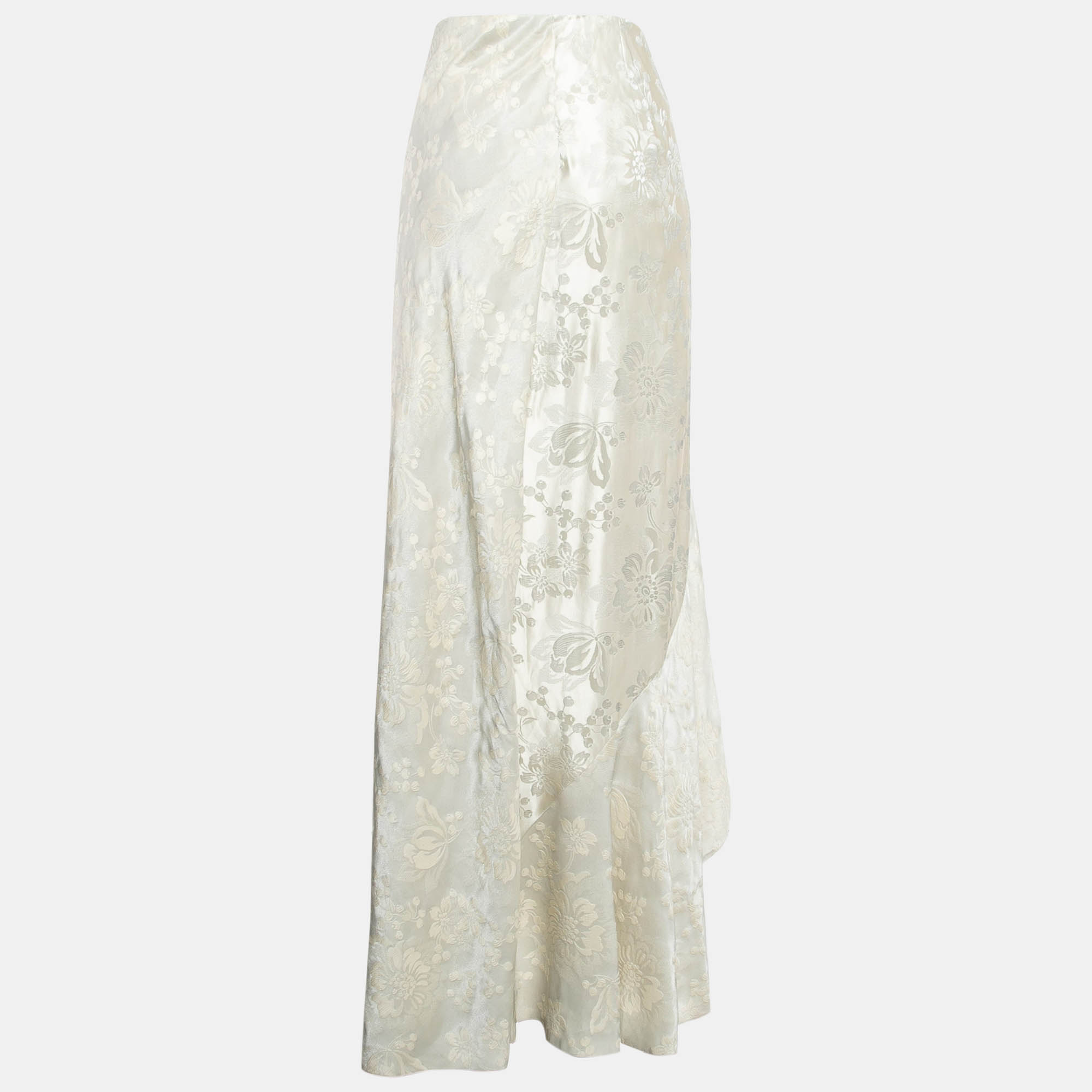 Ralph Lauren Cream Floral Lamé Jacquard Ruffled Maxi Skirt M