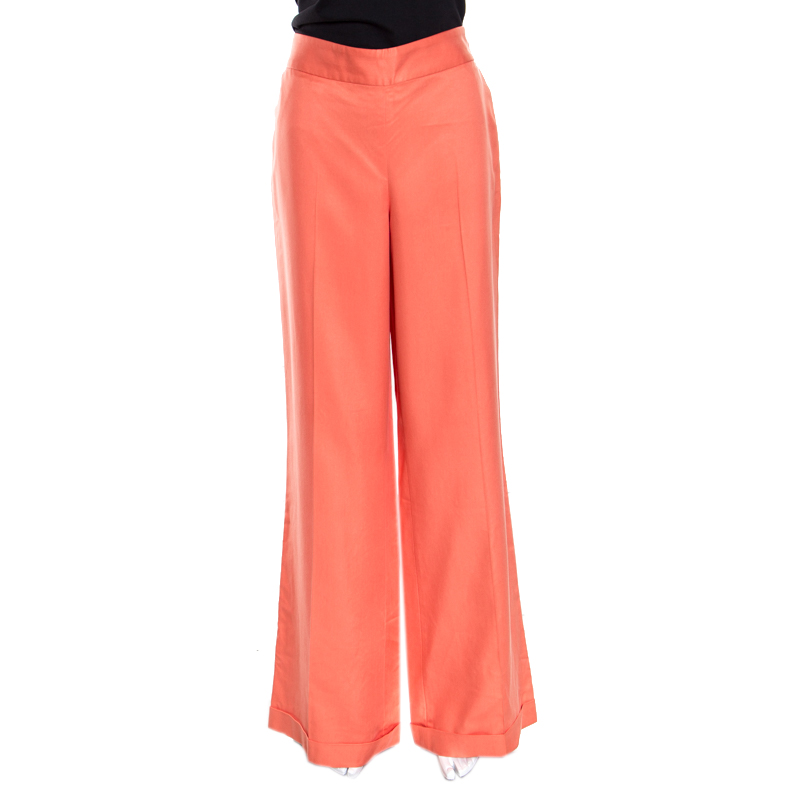 Image of Ralph Lauren Coral Silk Twill Side Button Detail Wide Leg Pants L