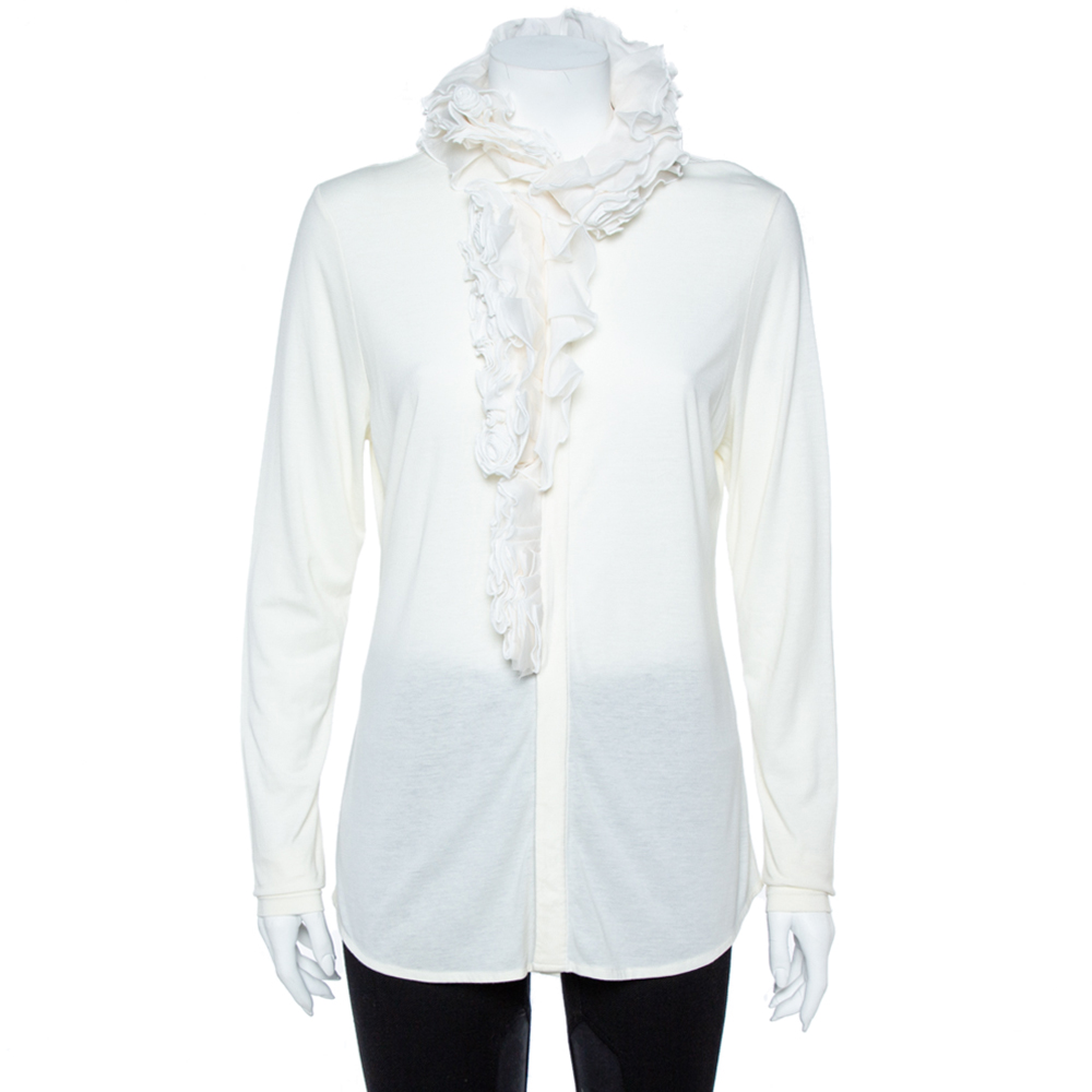 Image of Ralph Lauren Cream Stretch Knit Evelyn Ruffle Blouse L