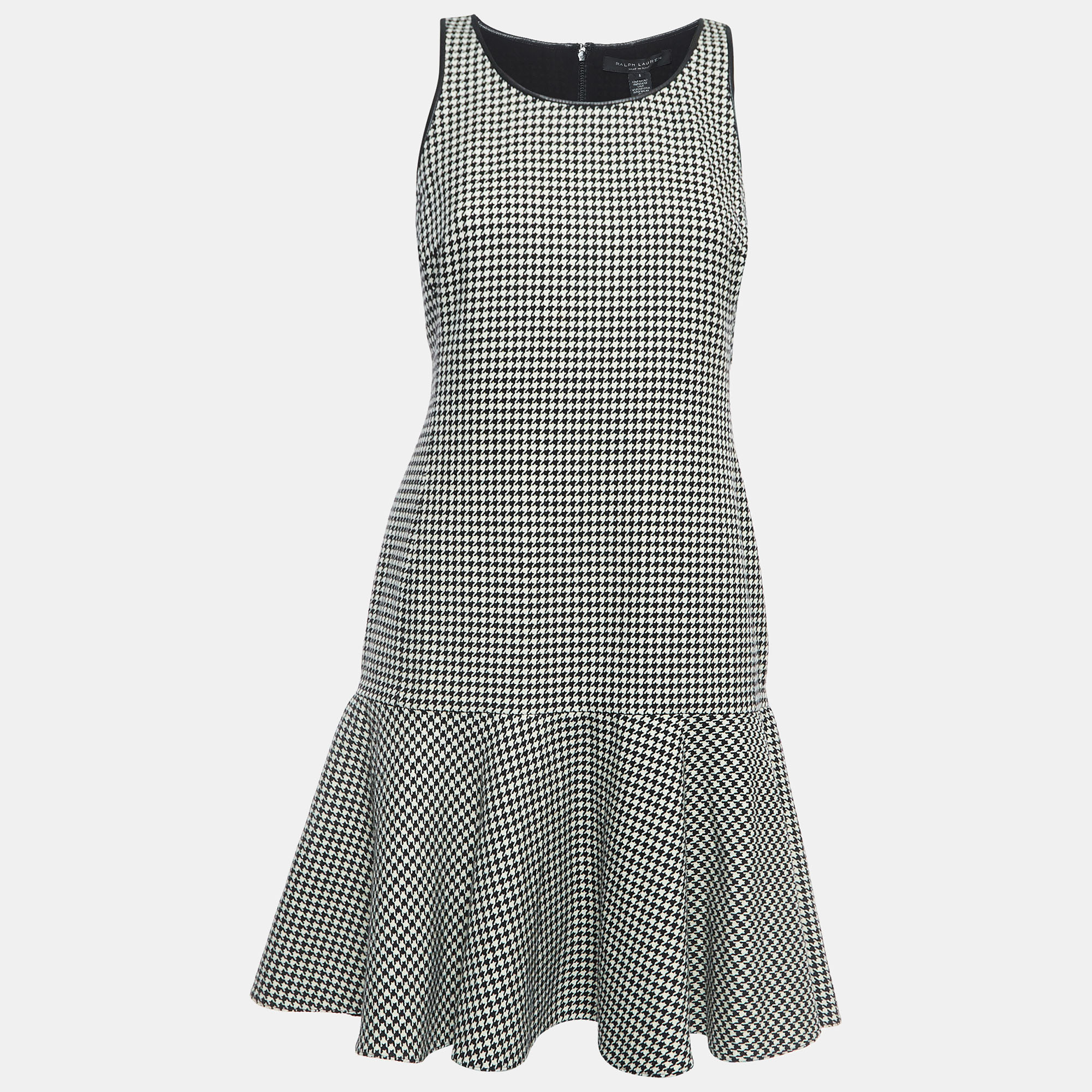 Ralph lauren black/white houndstooth pattern wool flounce mini dress m