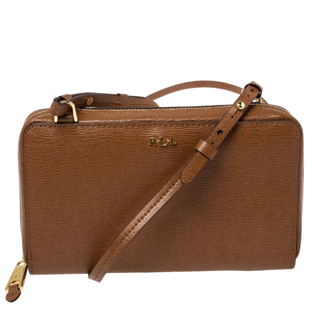Ralph Lauren Brown Textured Leather Crossbody Bag
